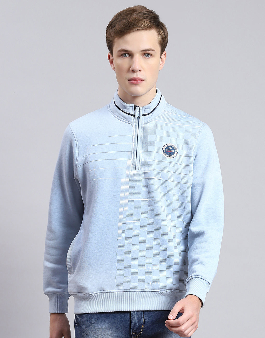 Men Blue Printed H Neck Full Sleeve Sweatshirt