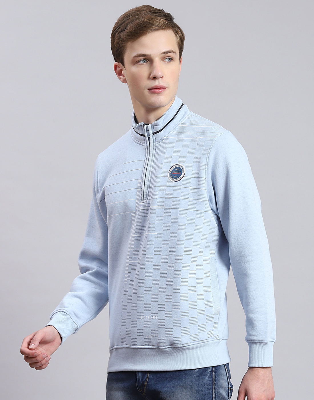 Men Blue Printed H Neck Full Sleeve Sweatshirt