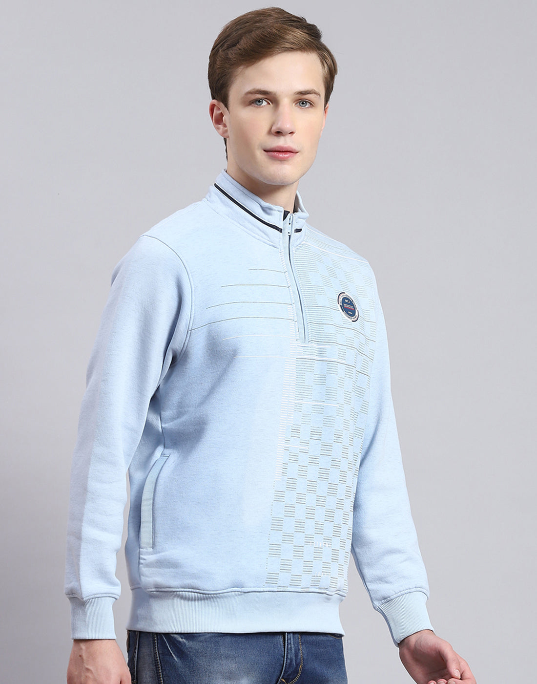 Men Blue Printed H Neck Full Sleeve Sweatshirt