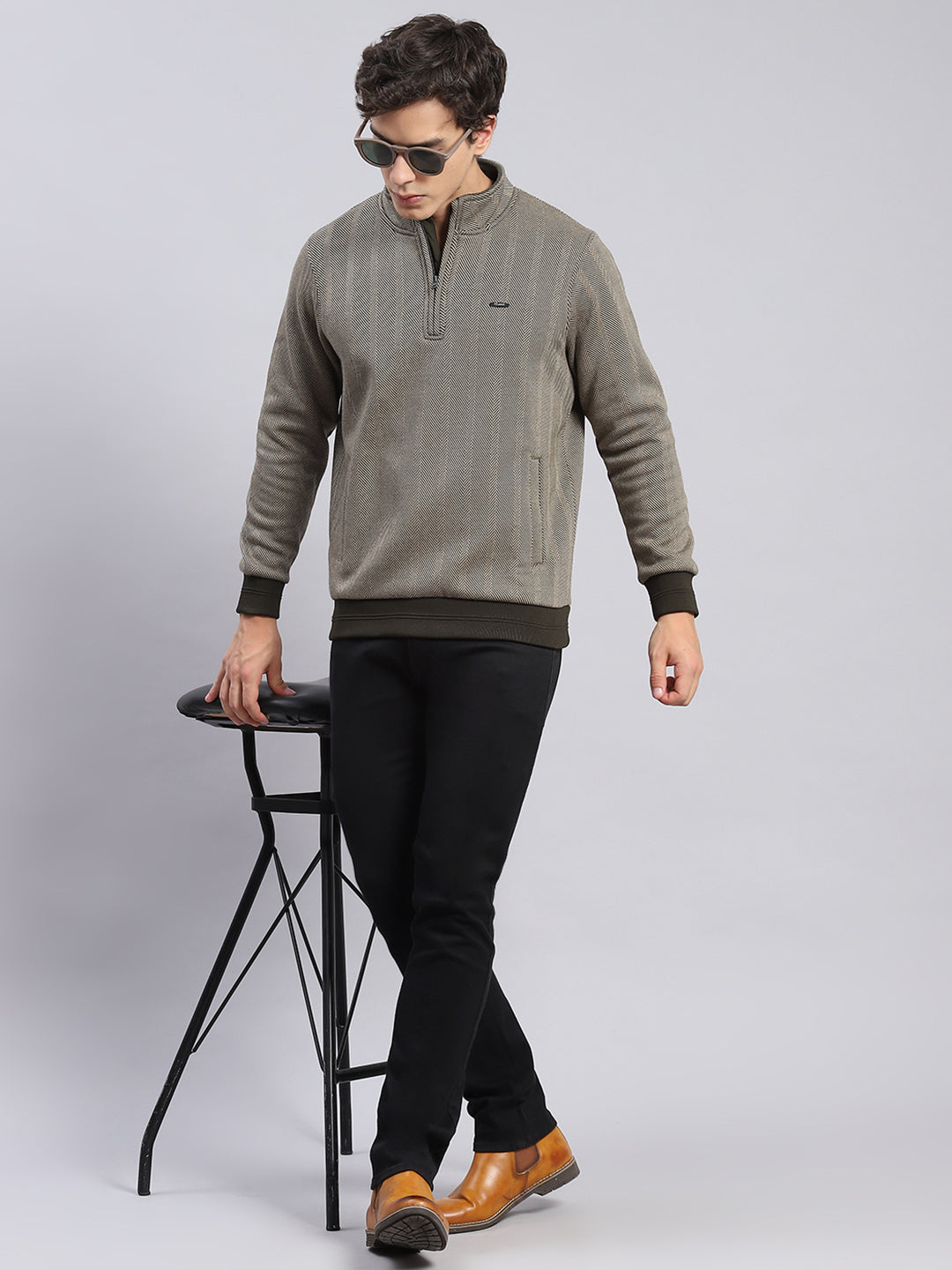 Men Olive Self Design T Neck Full Sleeve Sweatshirts