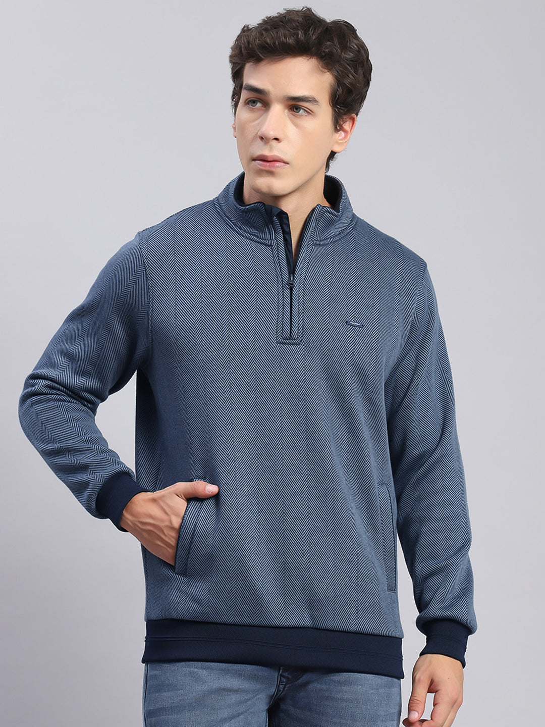 Men Blue Self Design T Neck Full Sleeve Sweatshirts
