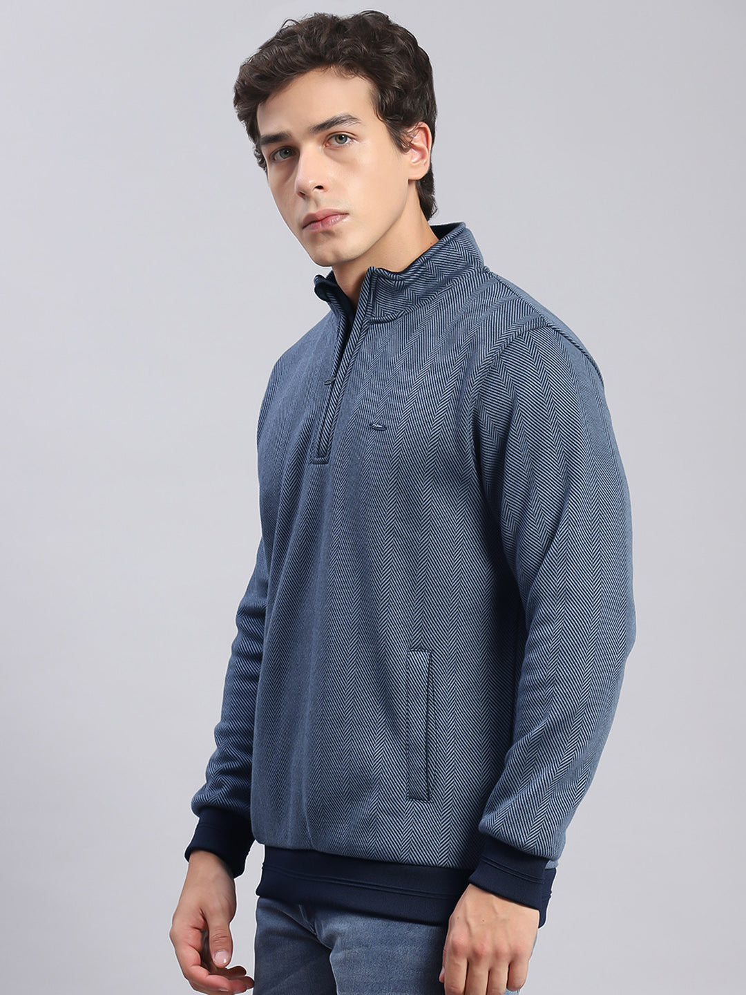 Men Blue Self Design T Neck Full Sleeve Sweatshirts