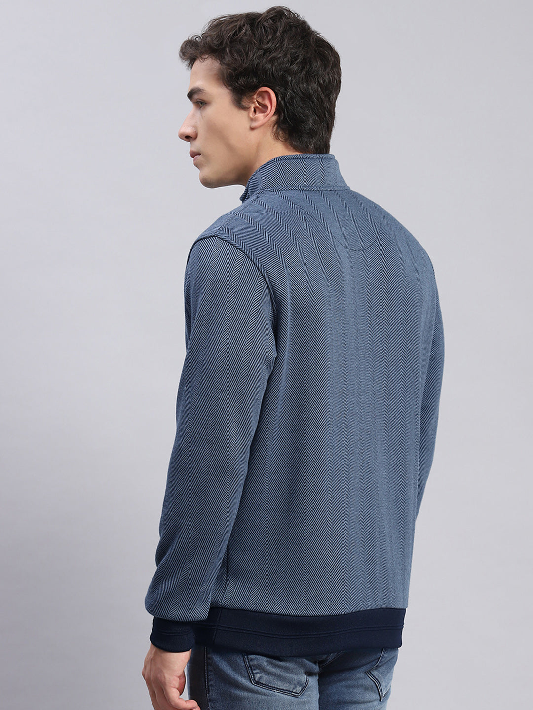 Men Blue Self Design T Neck Full Sleeve Sweatshirts