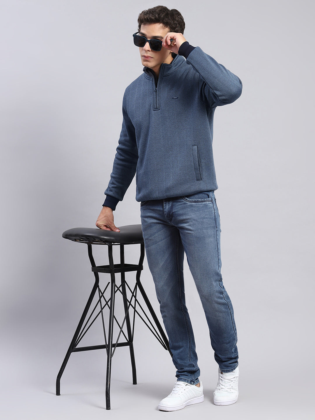 Men Blue Self Design T Neck Full Sleeve Sweatshirts