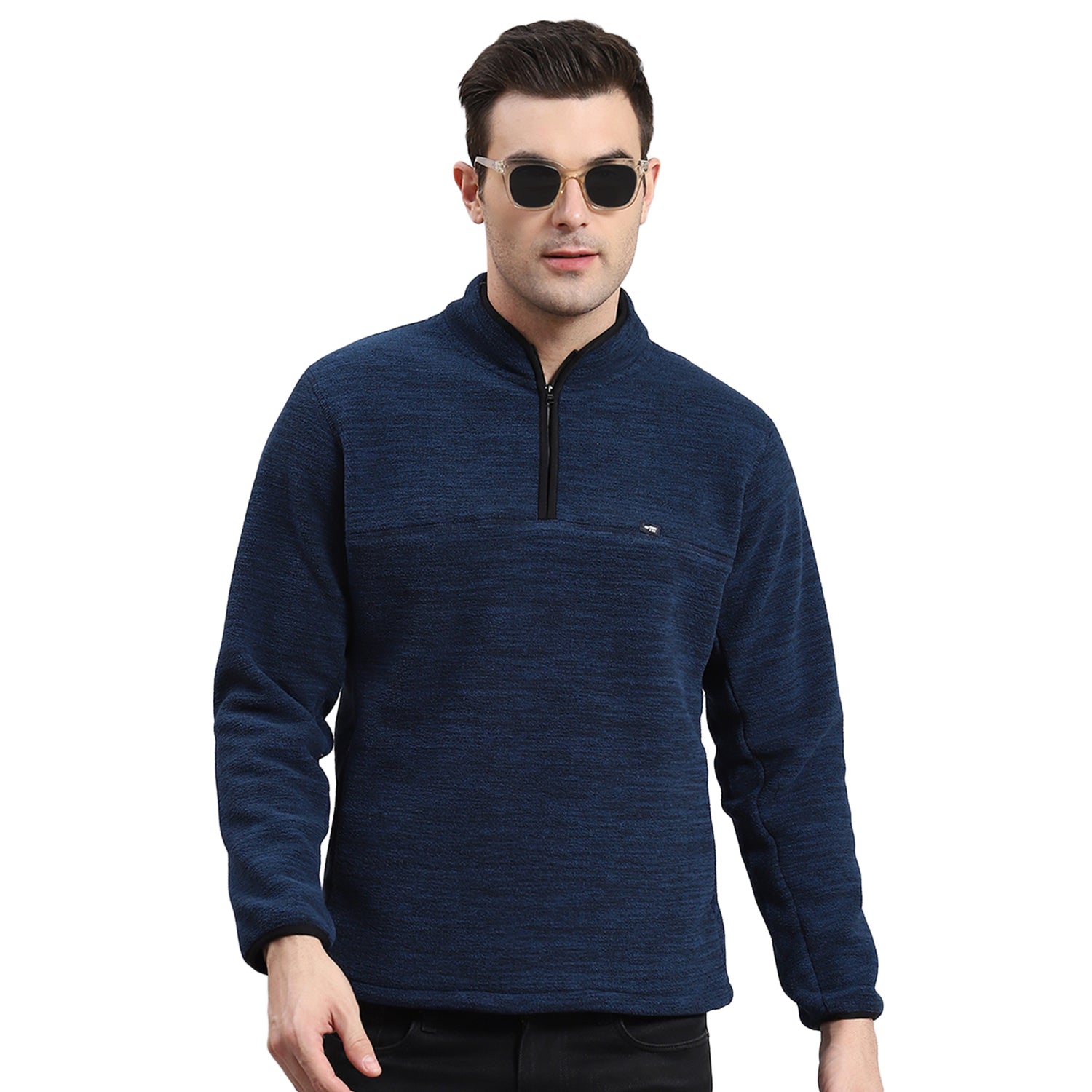 Men Teal Blue Self Design T Neck Full Sleeve Sweatshirt