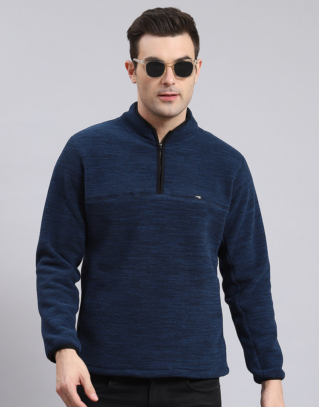Men Teal Blue Self Design T Neck Full Sleeve Sweatshirt