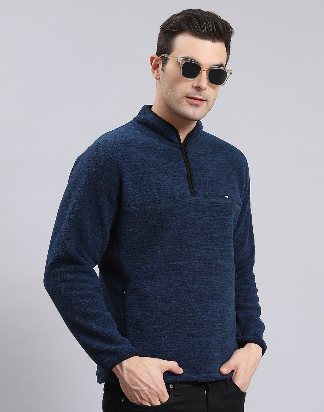 Men Teal Blue Self Design T Neck Full Sleeve Sweatshirt