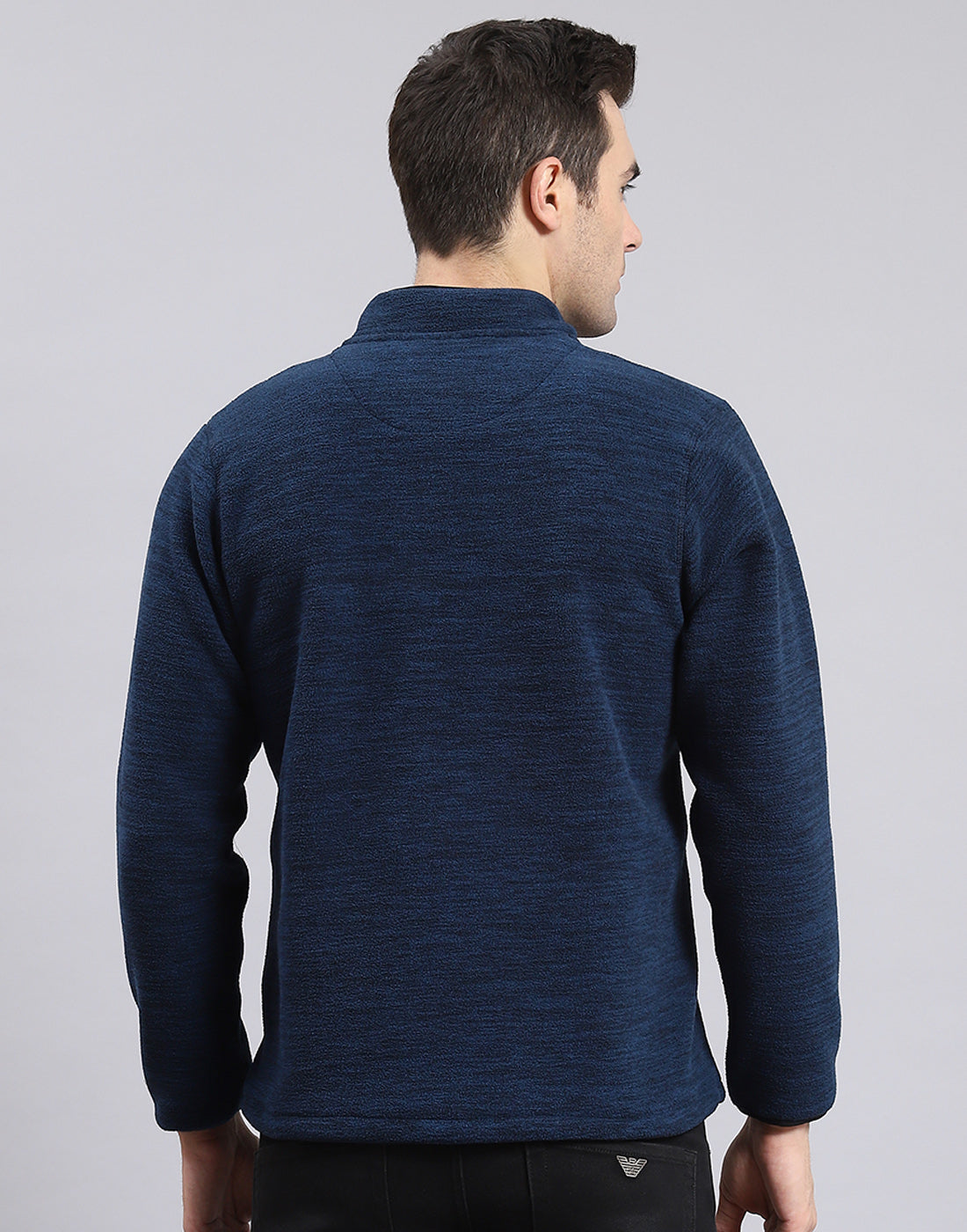 Men Teal Blue Self Design T Neck Full Sleeve Sweatshirt