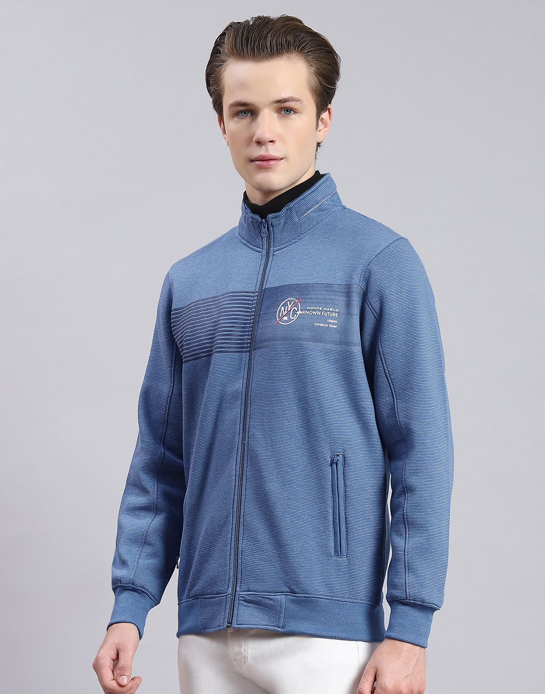 Men Blue Solid Stand Collar Full Sleeve Sweatshirt