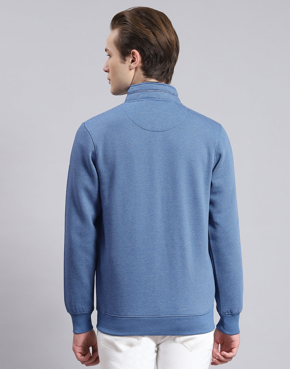 Men Blue Solid Stand Collar Full Sleeve Sweatshirt