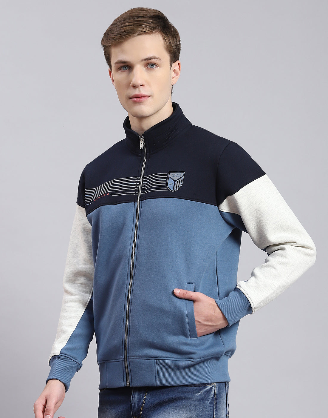 Men Blue Solid Stand Collar Full Sleeve Sweatshirt