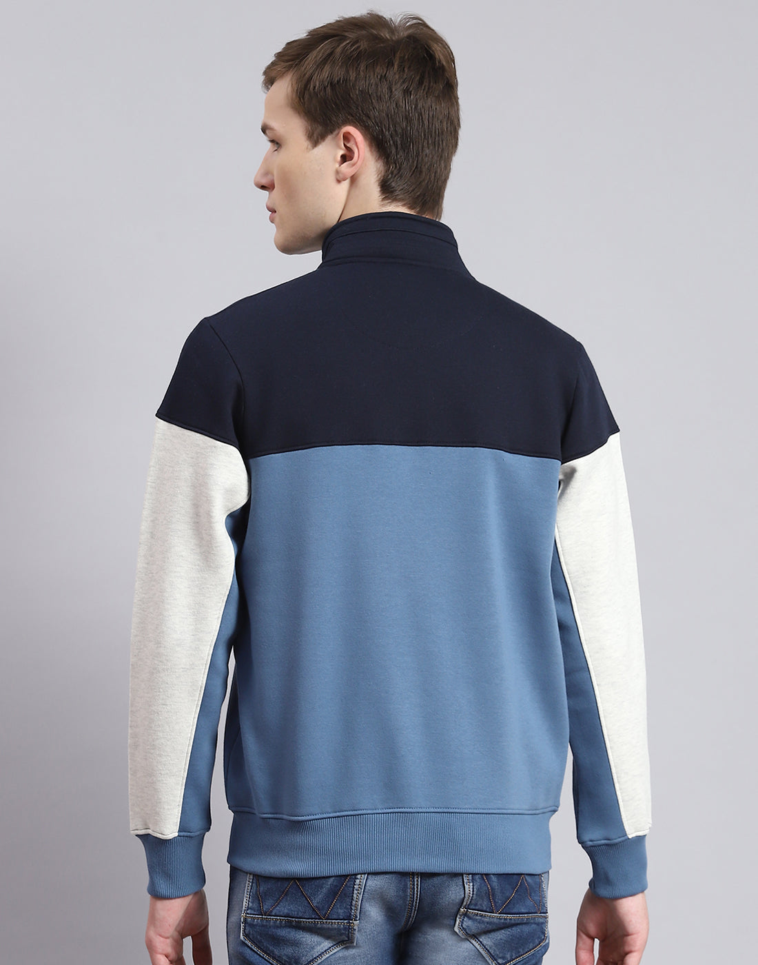 Men Blue Solid Stand Collar Full Sleeve Sweatshirt