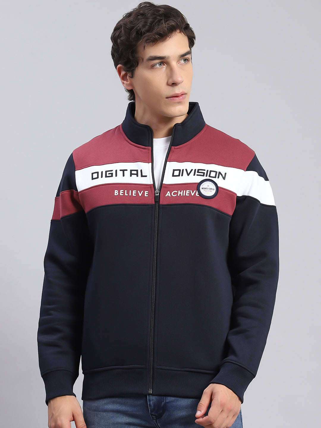 Men Navy Blue Solid Stand Collar Full Sleeve Sweatshirts