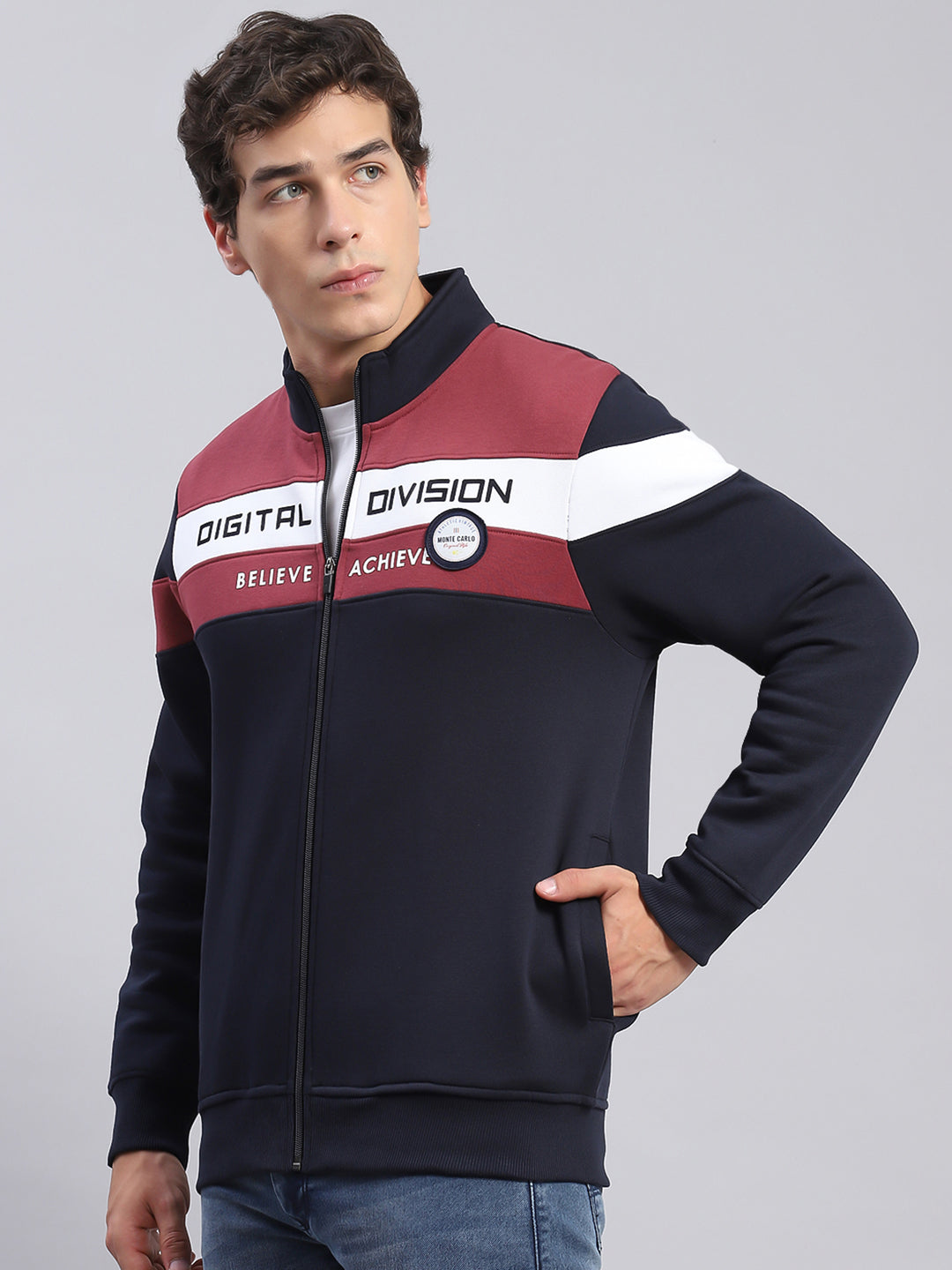 Men Navy Blue Solid Stand Collar Full Sleeve Sweatshirts