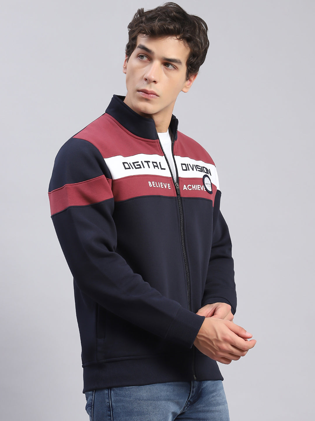 Men Navy Blue Solid Stand Collar Full Sleeve Sweatshirts
