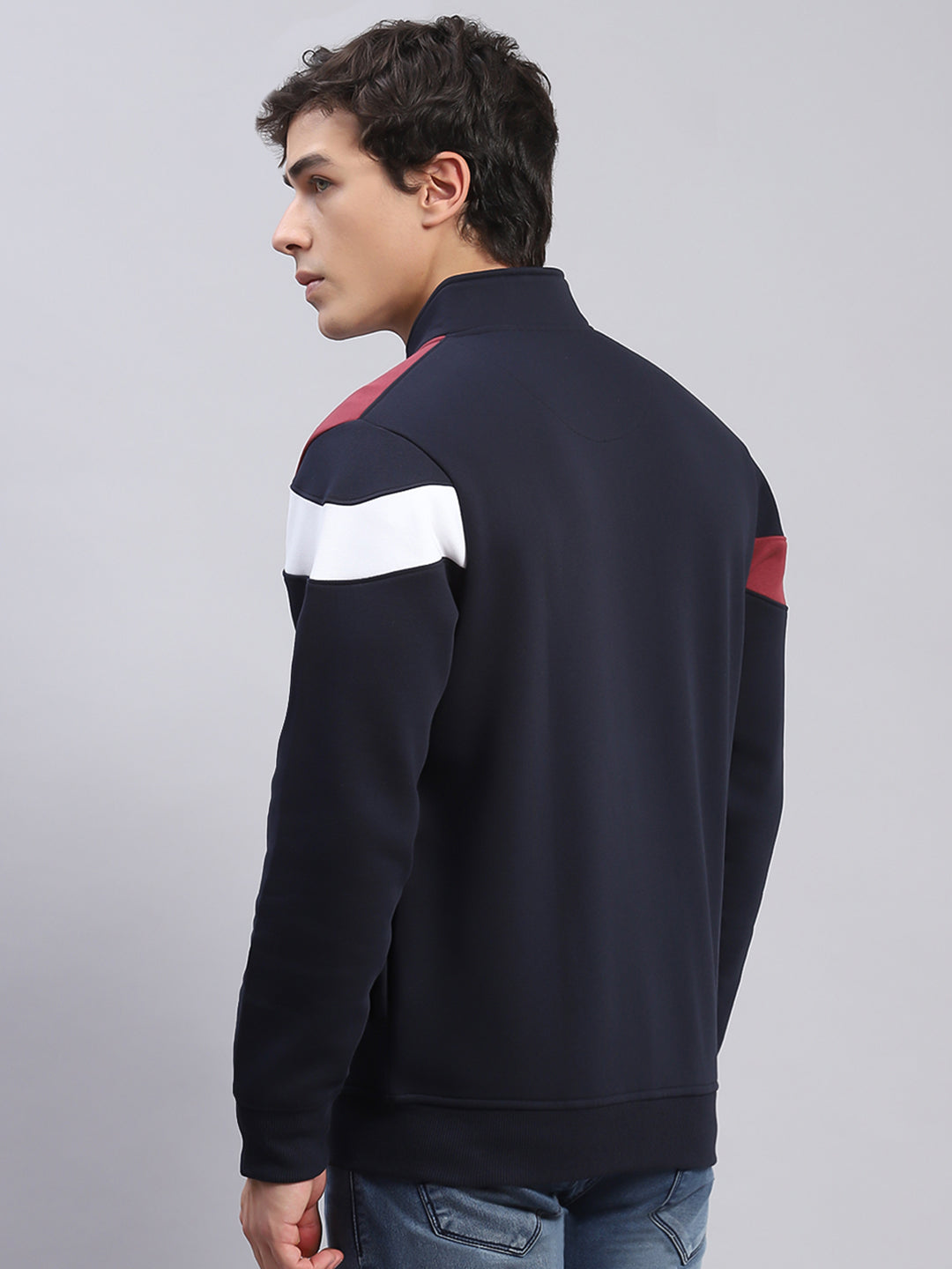 Men Navy Blue Solid Stand Collar Full Sleeve Sweatshirts