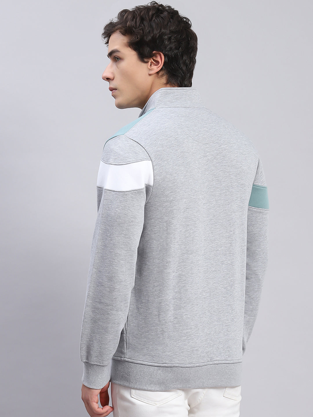 Men Grey Solid Stand Collar Full Sleeve Sweatshirts