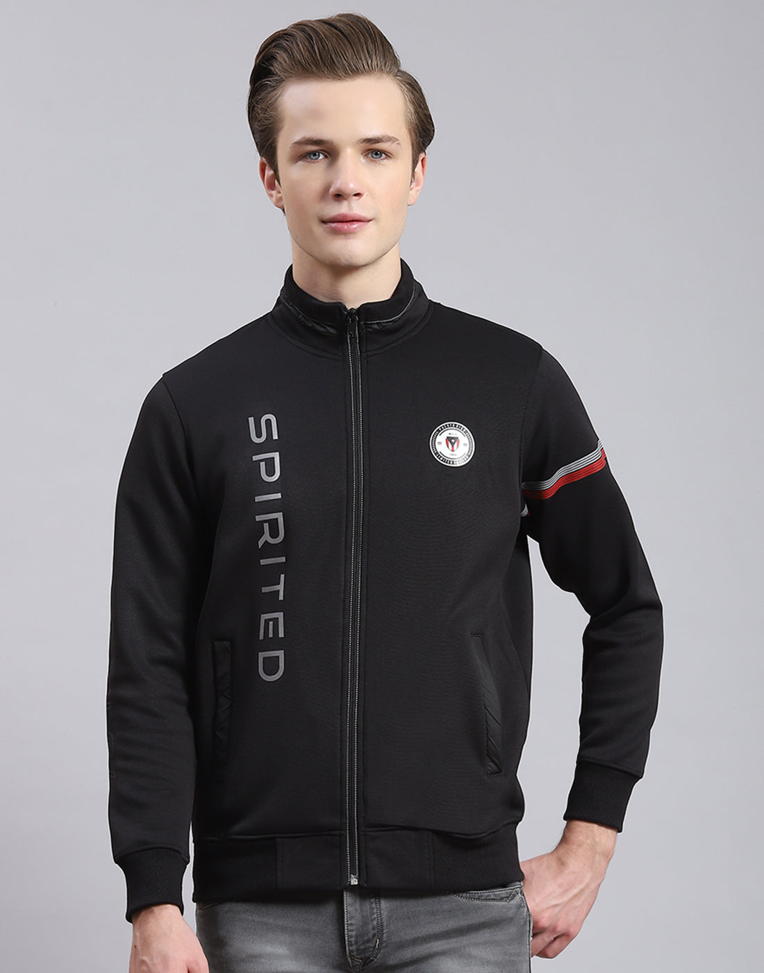 Men Black Solid Stand Collar Full Sleeve Sweatshirt