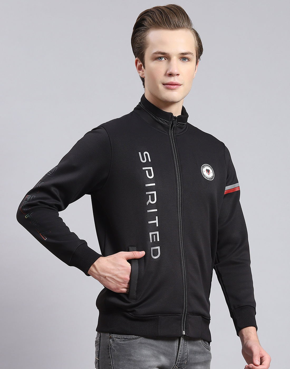 Men Black Solid Stand Collar Full Sleeve Sweatshirt
