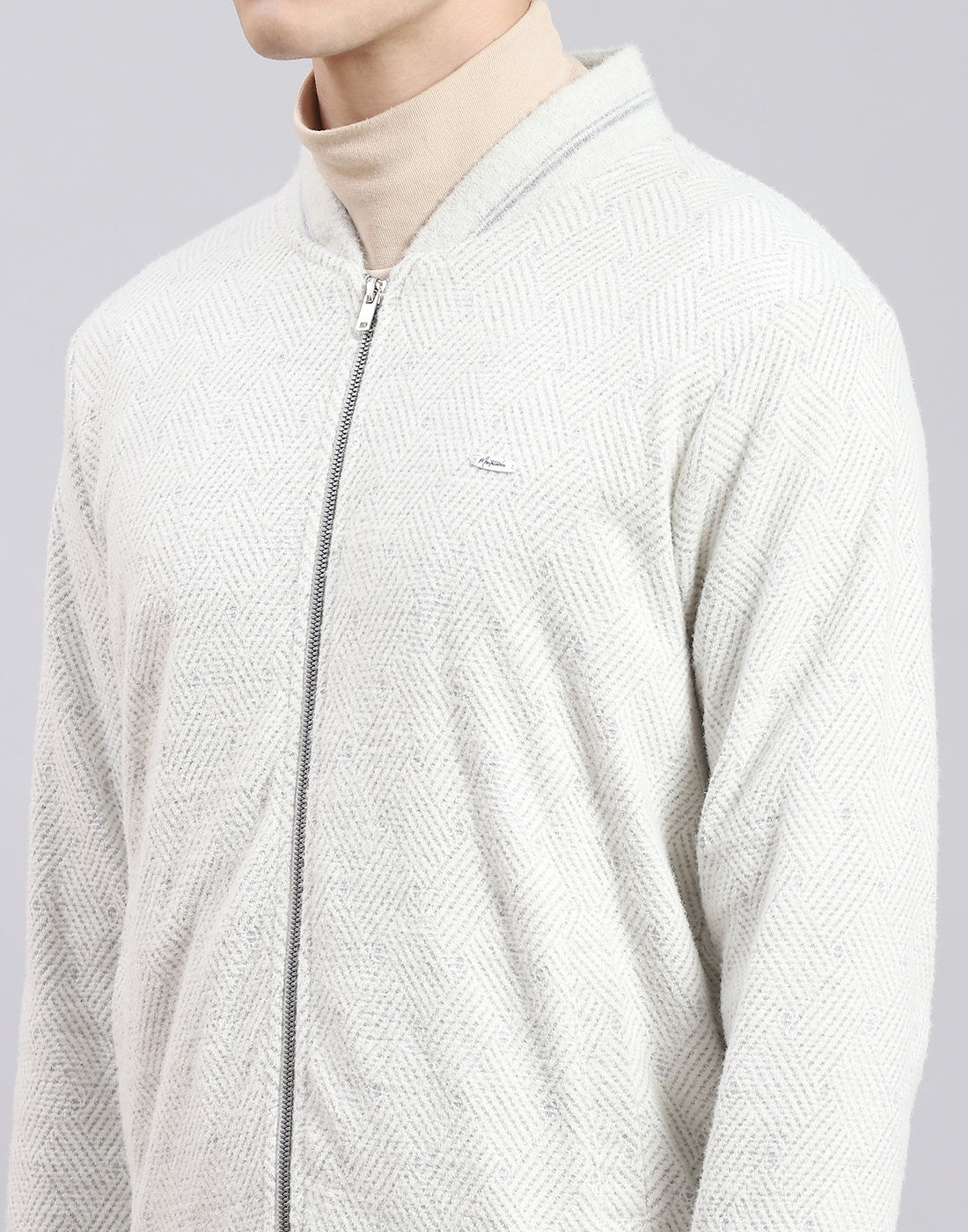Men Off White Solid Mandarin Collar Full Sleeve Sweatshirt