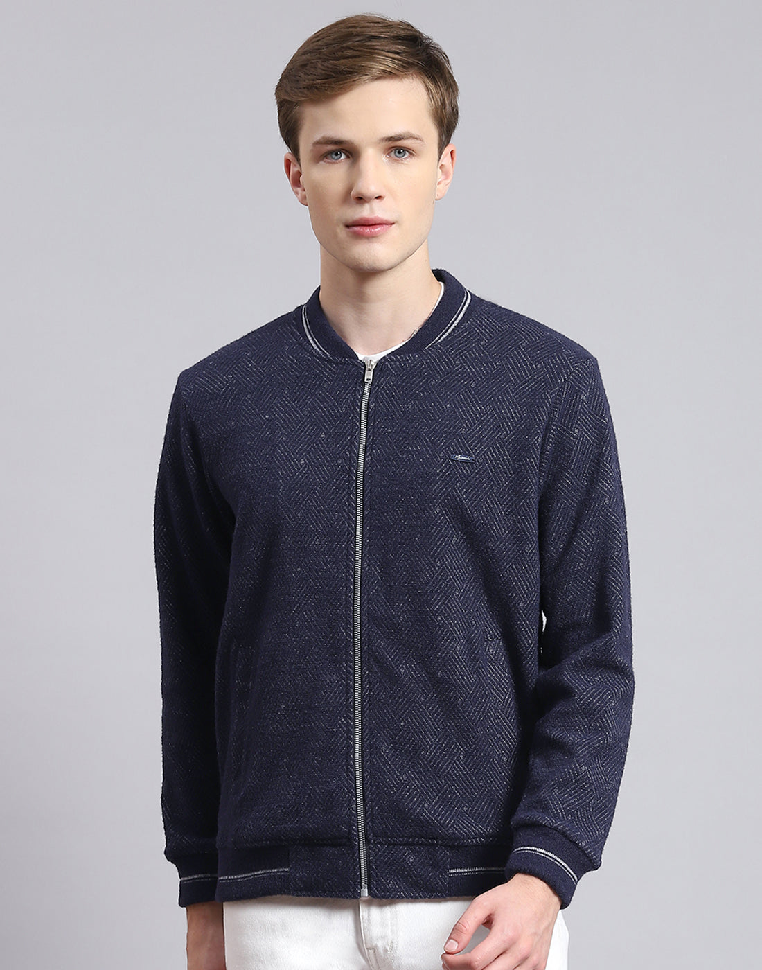 Men Navy Blue Solid Mandarin Collar Full Sleeve Sweatshirt