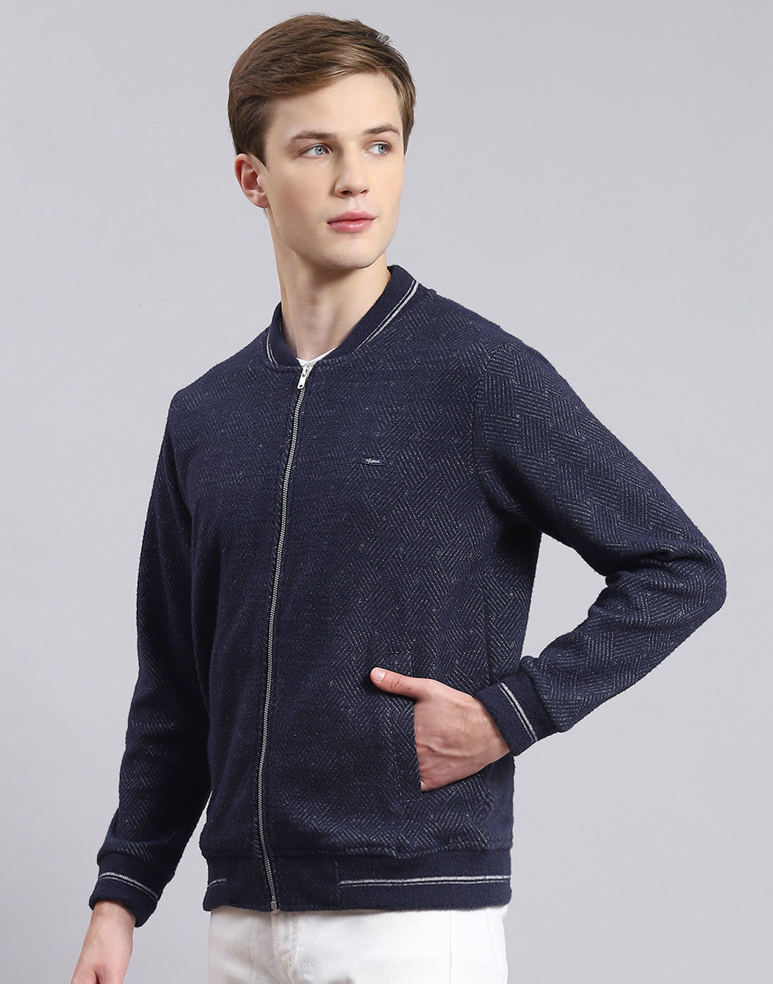 Men Navy Blue Solid Mandarin Collar Full Sleeve Sweatshirt