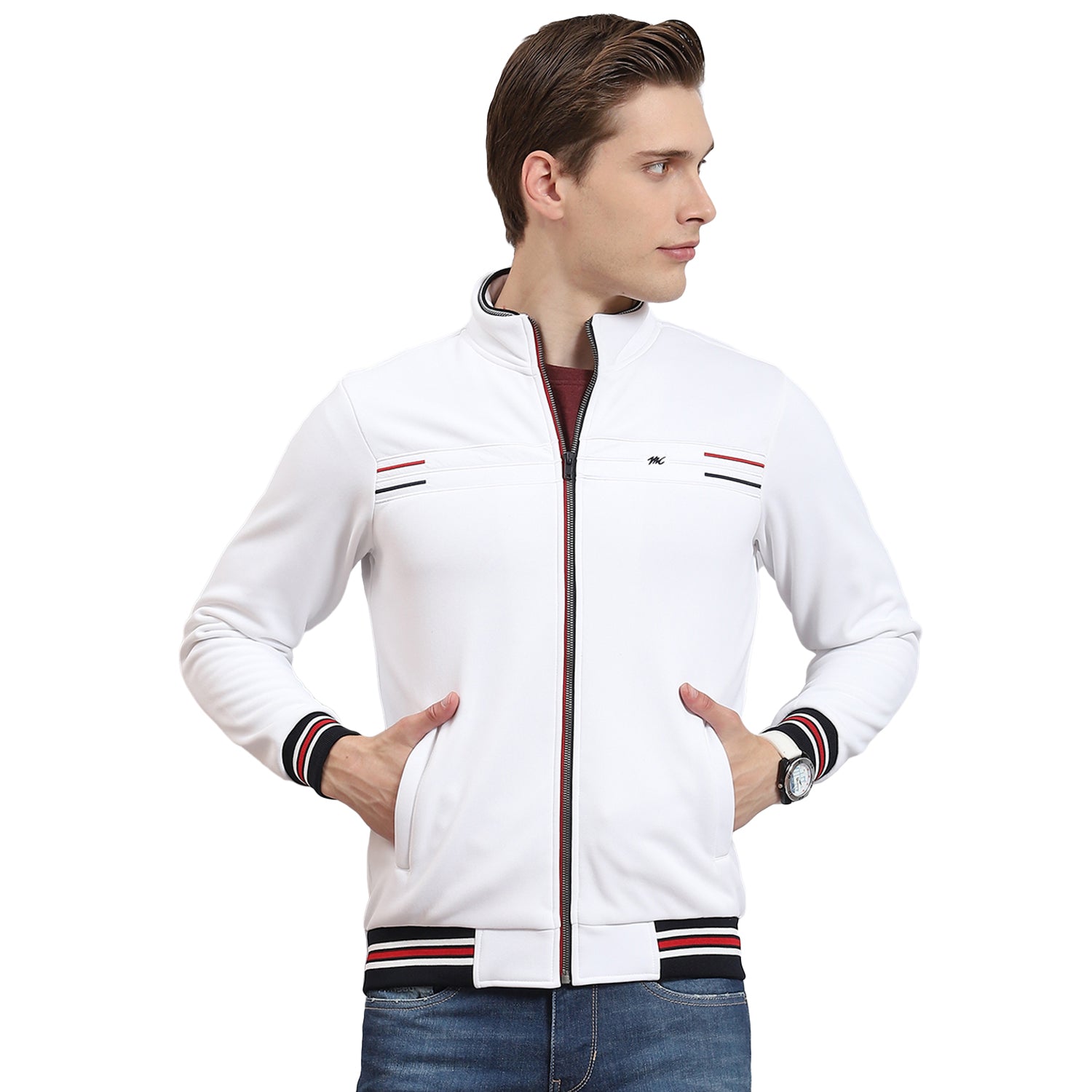 Men White Solid Collar Full Sleeve Sweatshirt