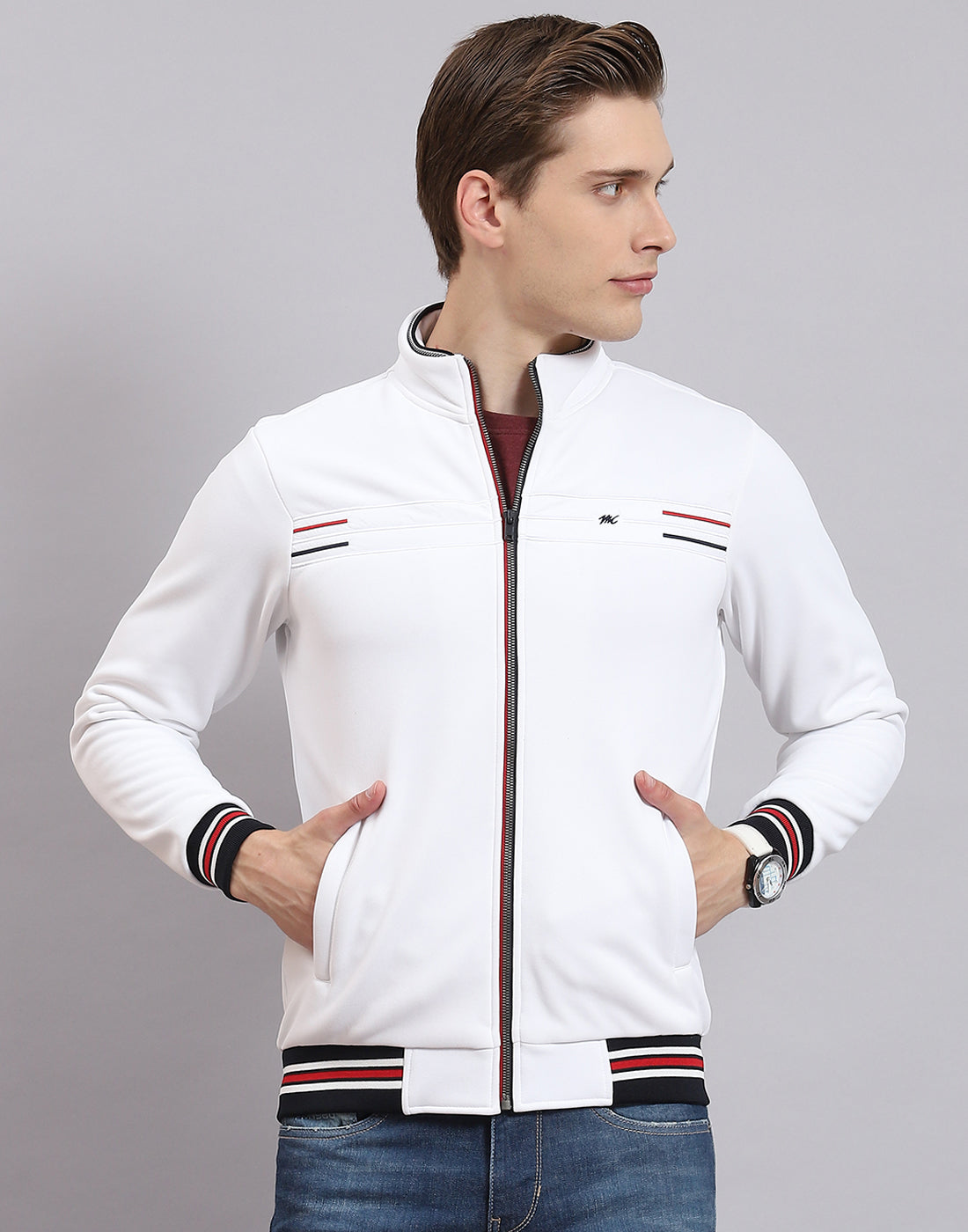 Men White Solid Collar Full Sleeve Sweatshirt