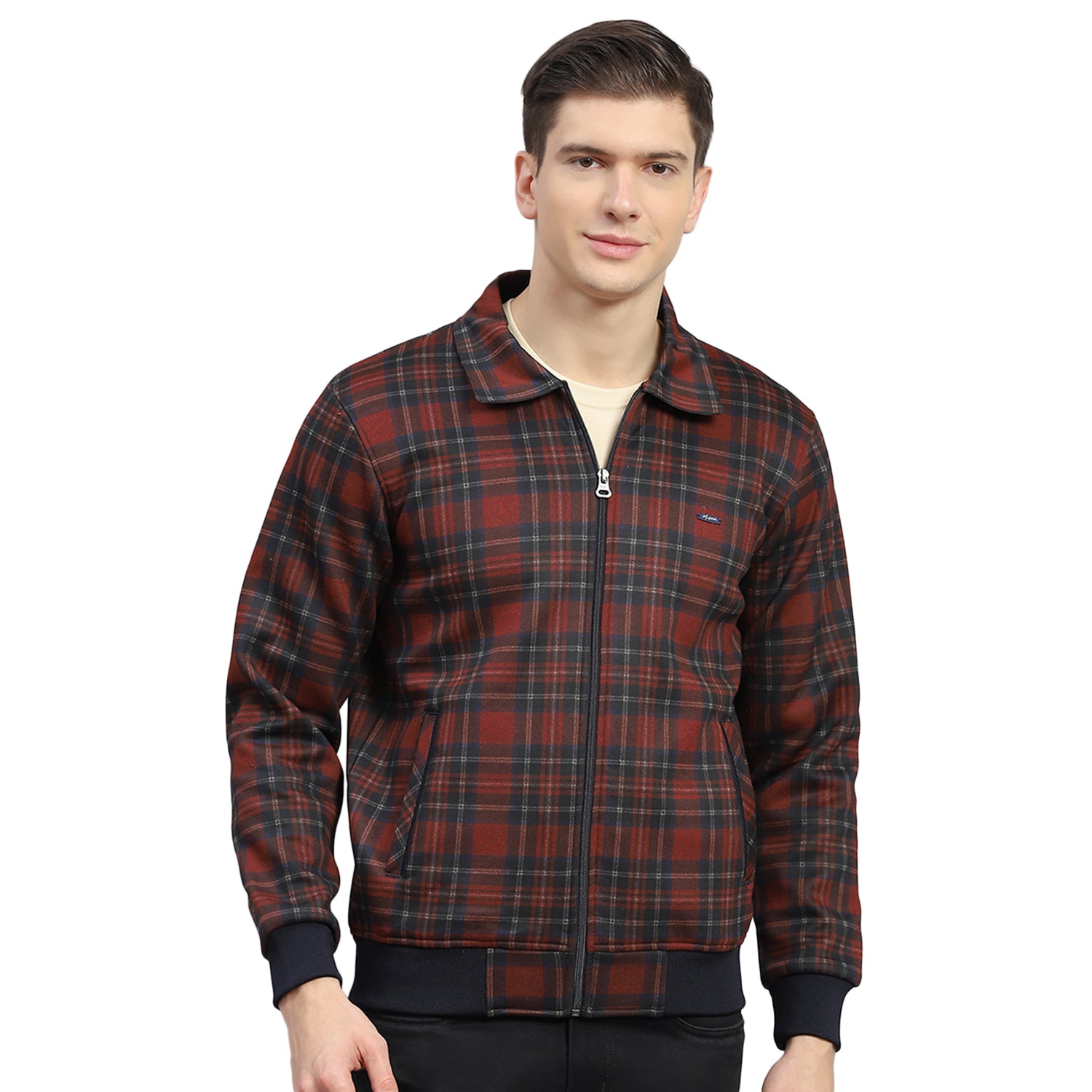 Men Maroon Check Collar Full Sleeve Sweatshirt