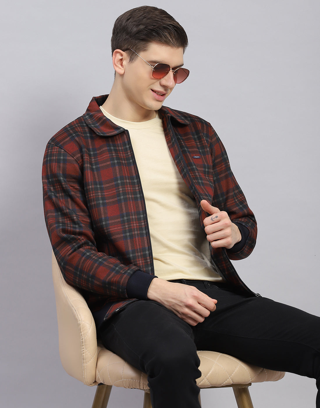 Men Maroon Check Collar Full Sleeve Sweatshirt