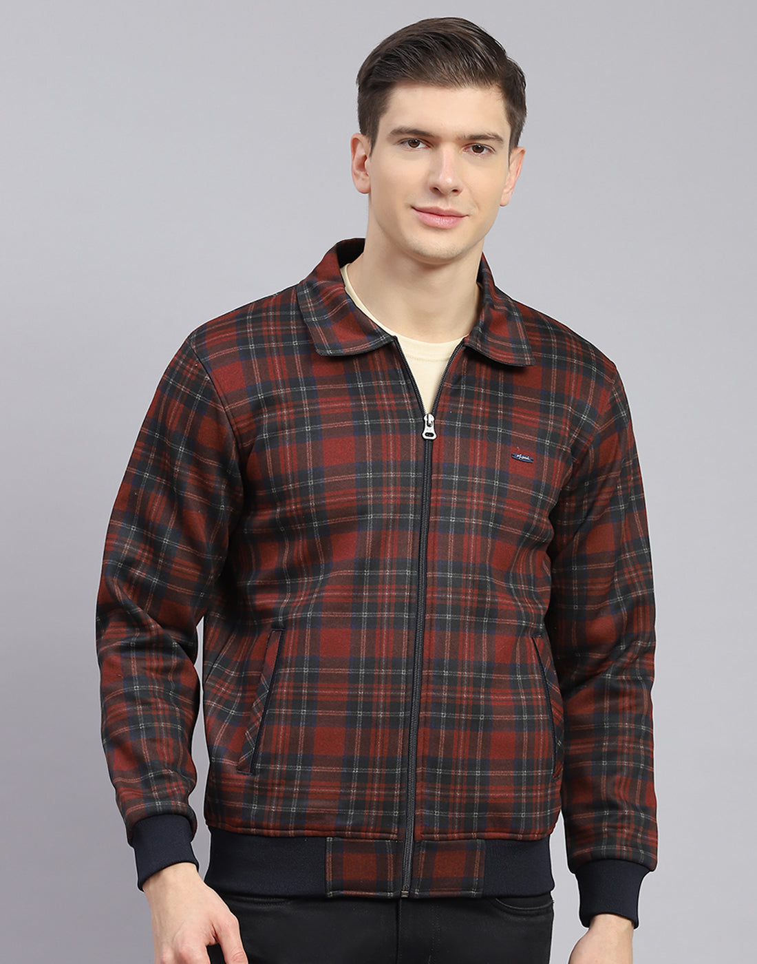 Men Maroon Check Collar Full Sleeve Sweatshirt