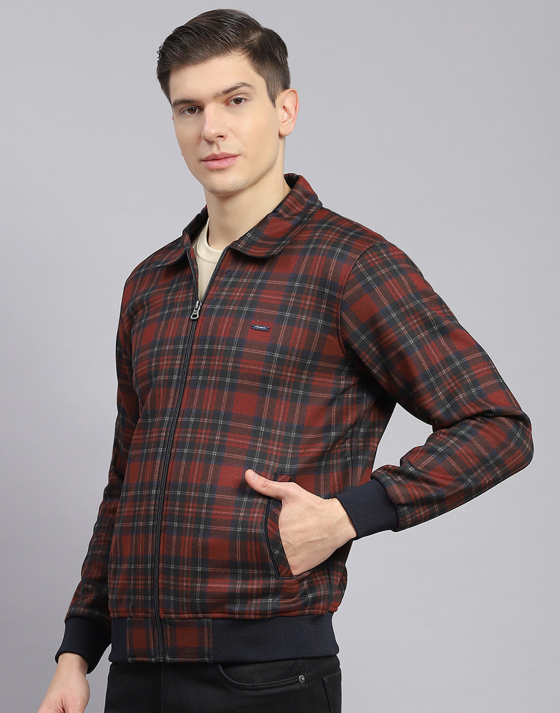Men Maroon Check Collar Full Sleeve Sweatshirt