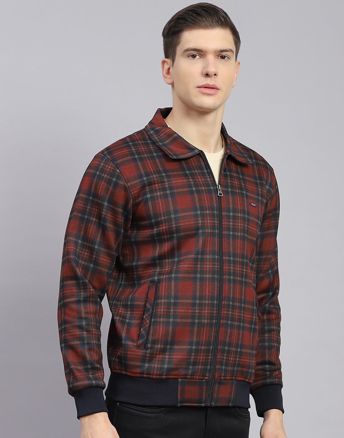 Men Maroon Check Collar Full Sleeve Sweatshirt