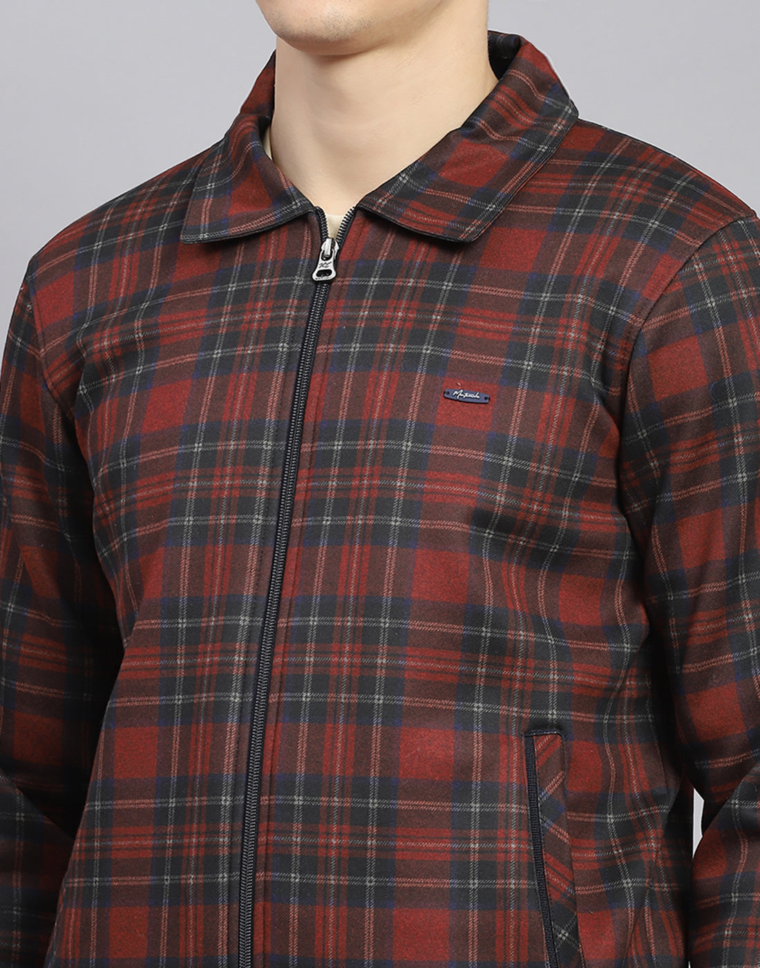 Men Maroon Check Collar Full Sleeve Sweatshirt