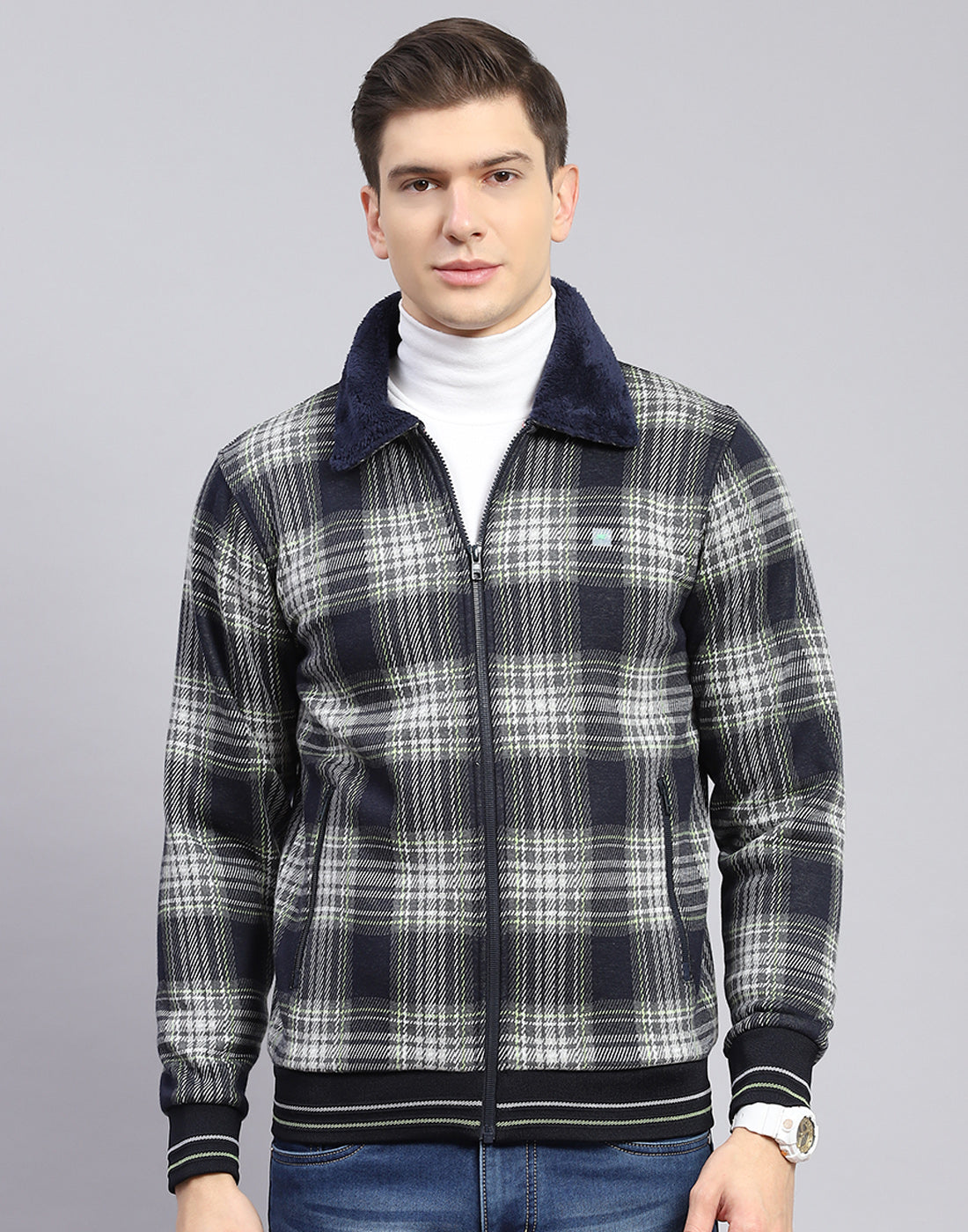 Men Navy Blue Check Collar Full Sleeve Sweatshirt