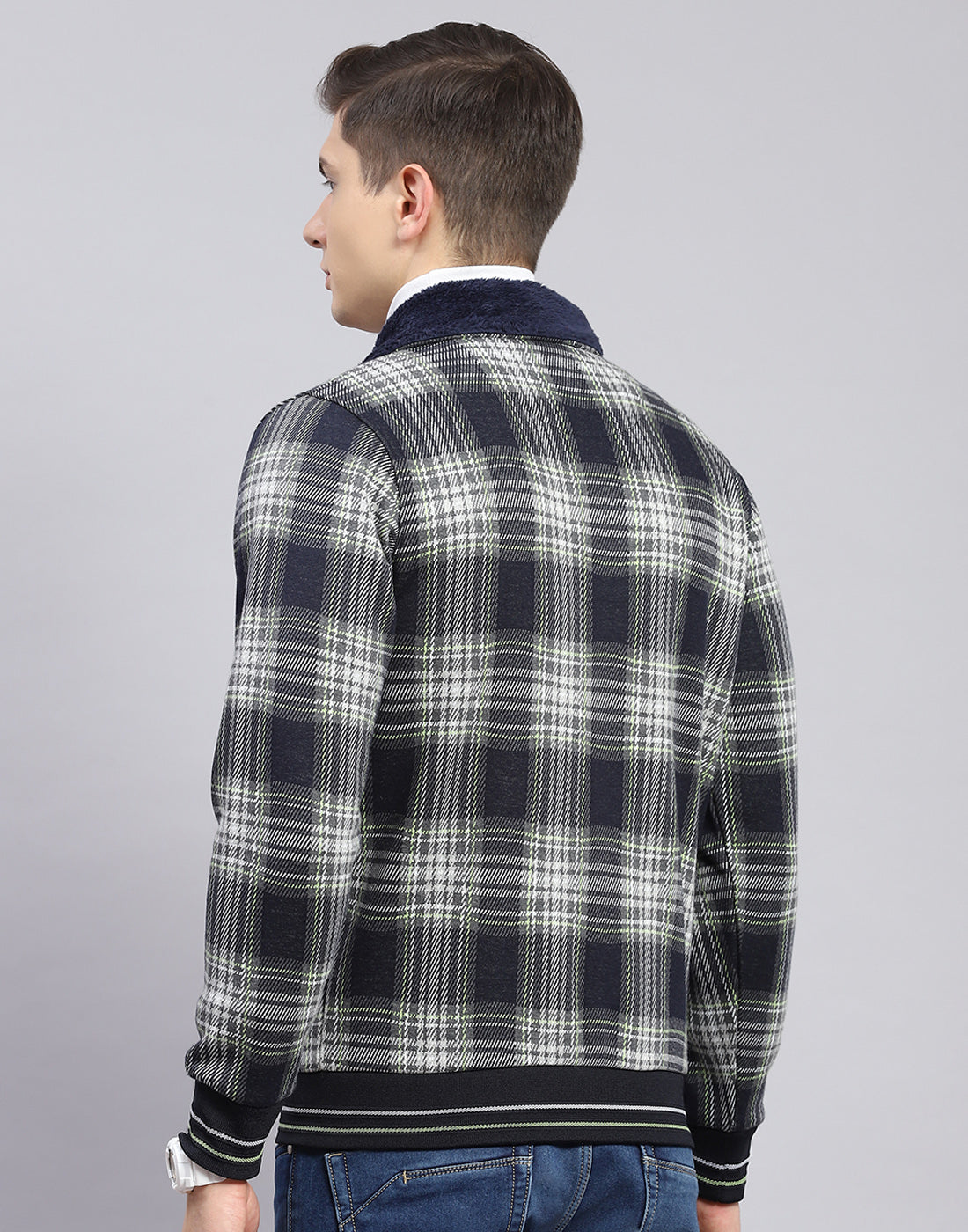 Men Navy Blue Check Collar Full Sleeve Sweatshirt