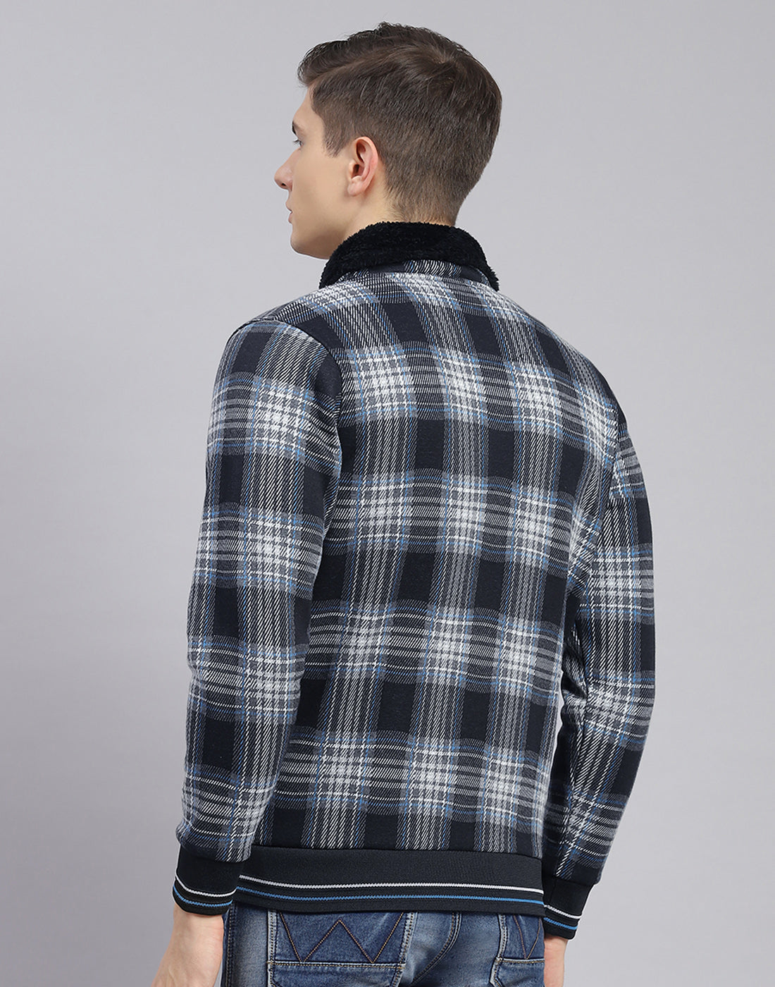 Men Black Check Collar Full Sleeve Sweatshirt