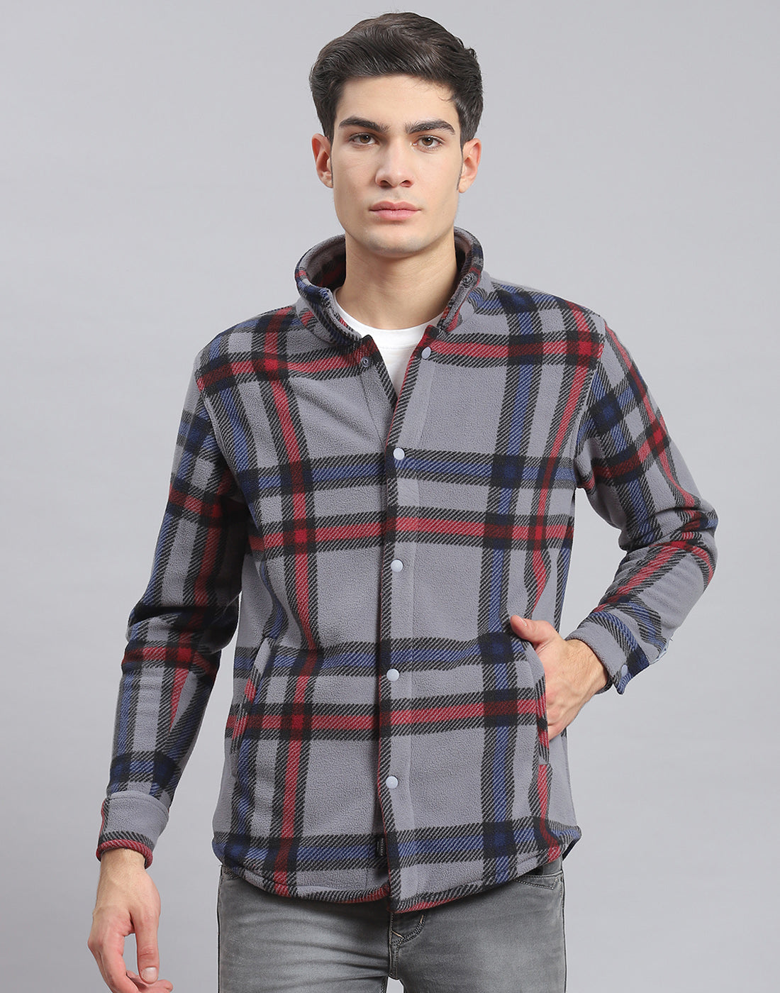 Men Grey Check Stand Collar Full Sleeve Sweatshirt