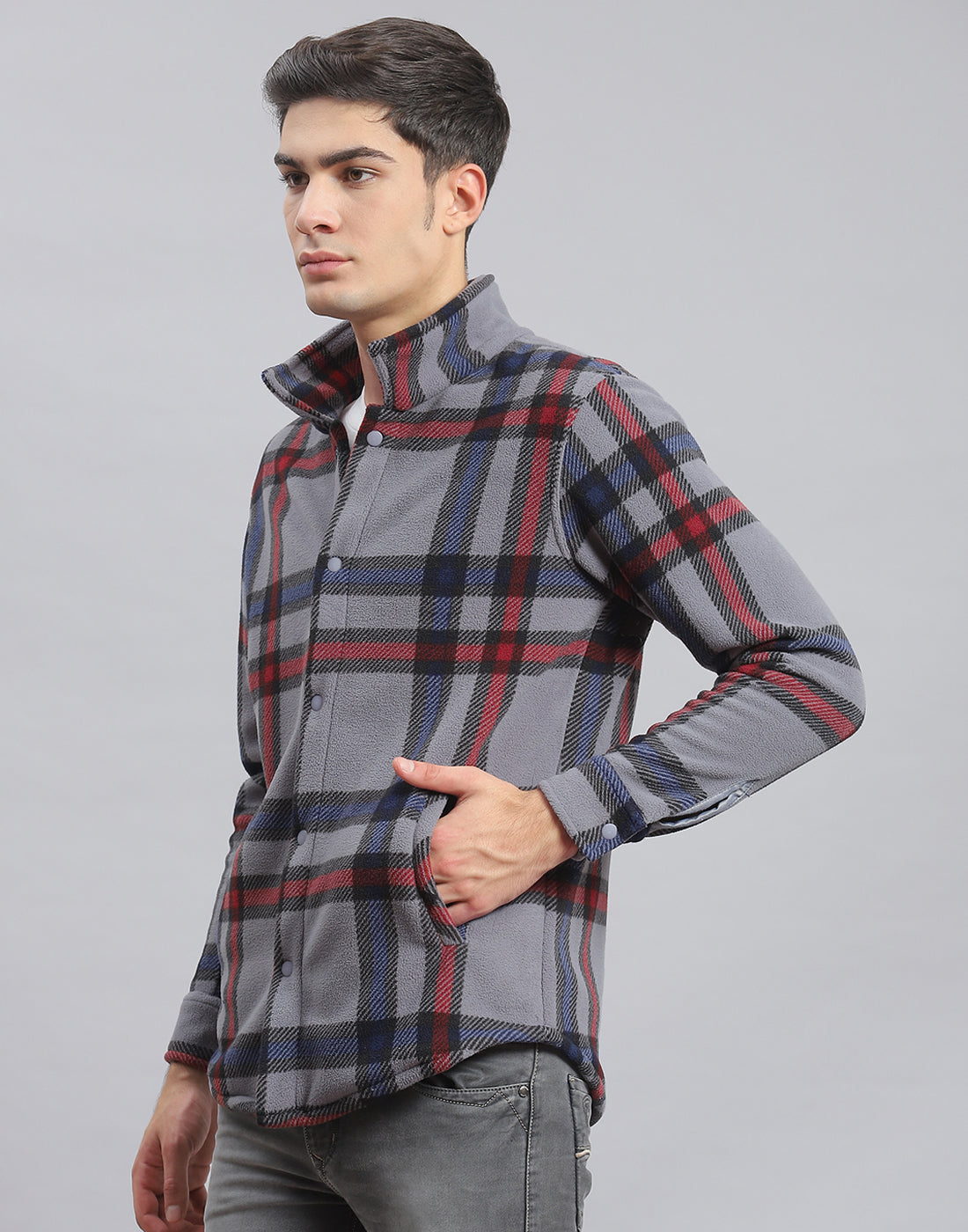 Men Grey Check Stand Collar Full Sleeve Sweatshirt