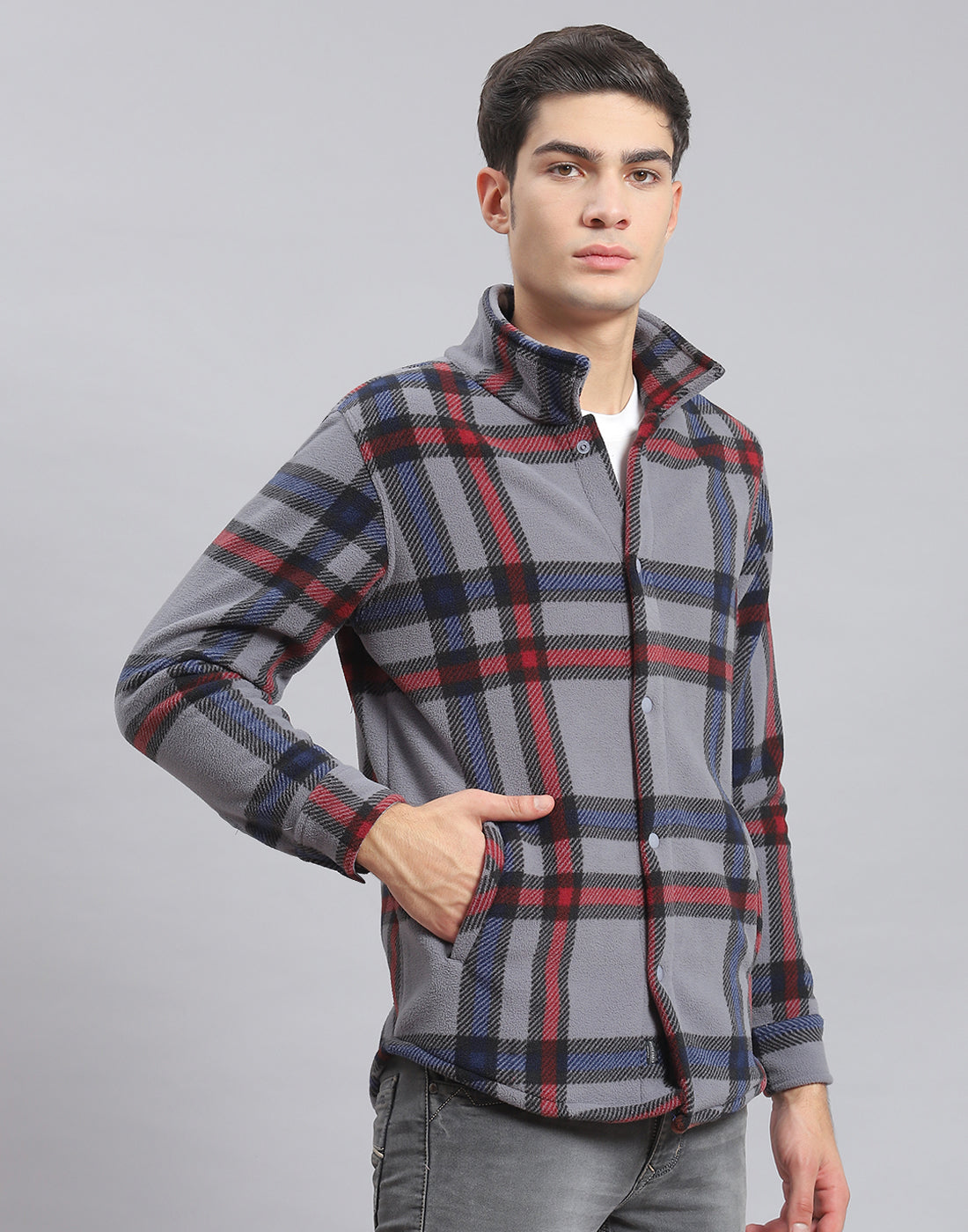 Men Grey Check Stand Collar Full Sleeve Sweatshirt