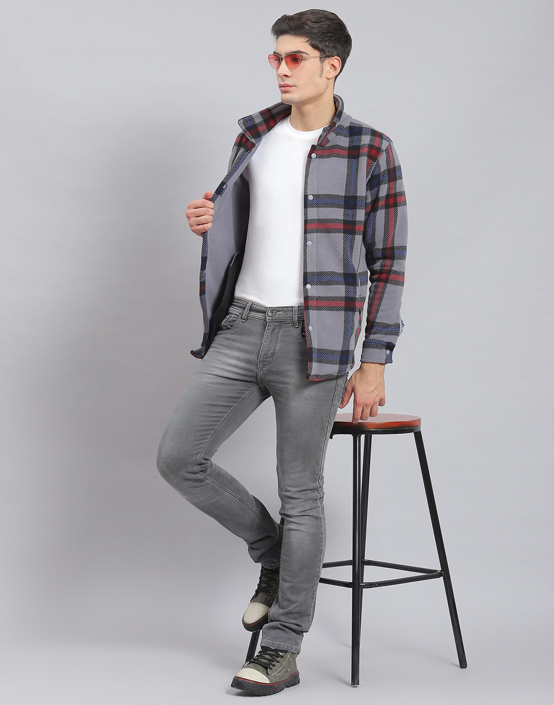 Men Grey Check Stand Collar Full Sleeve Sweatshirt