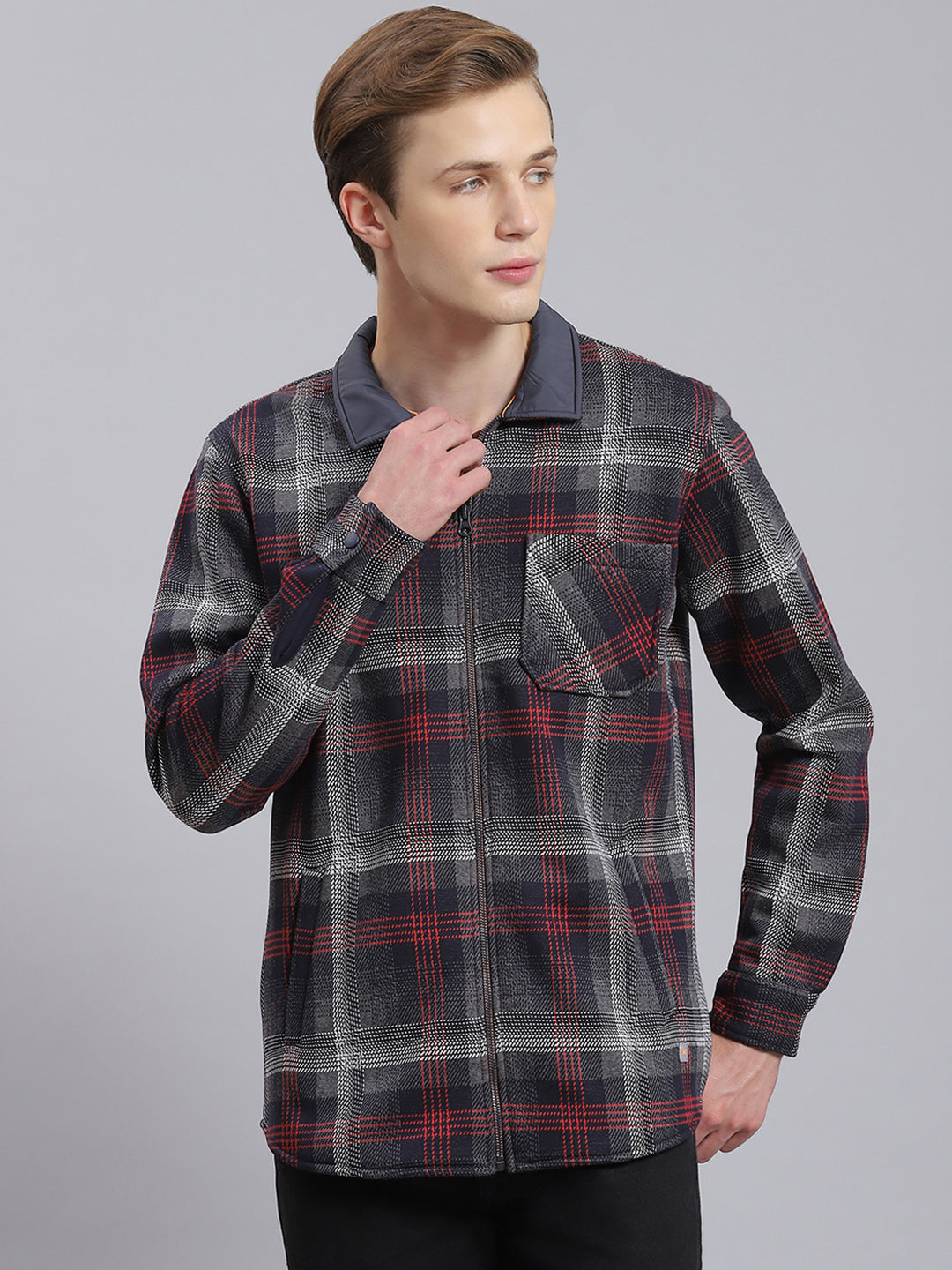 Men Navy Blue Check Collar Full Sleeve Sweatshirt