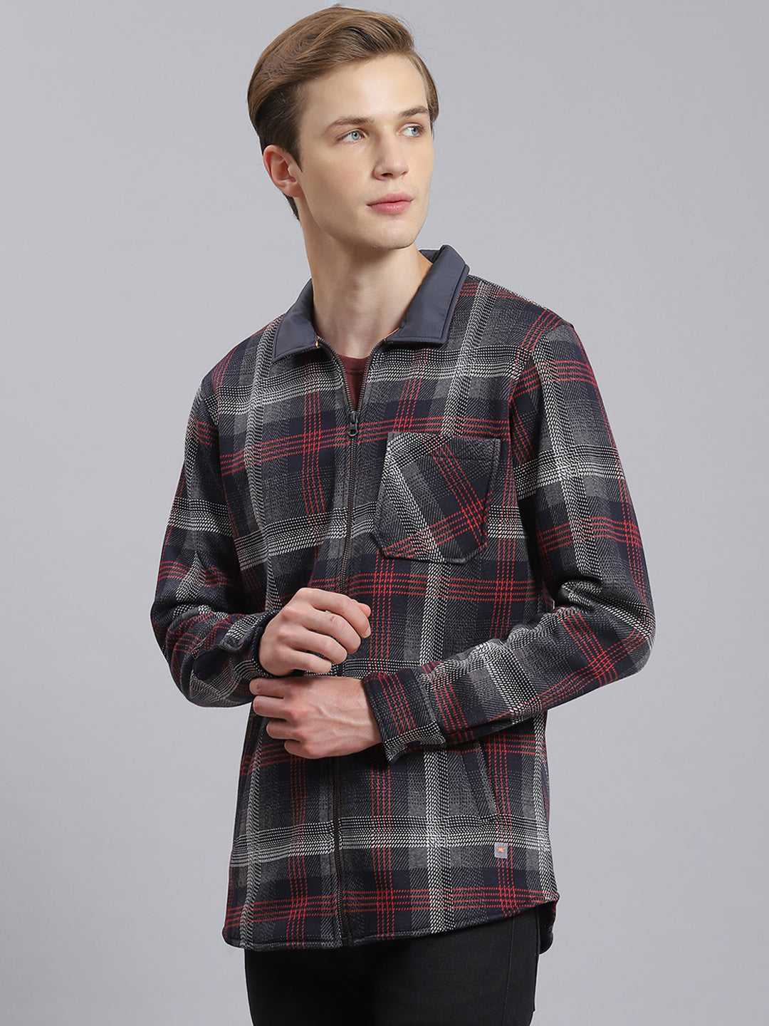 Men Navy Blue Check Collar Full Sleeve Sweatshirt