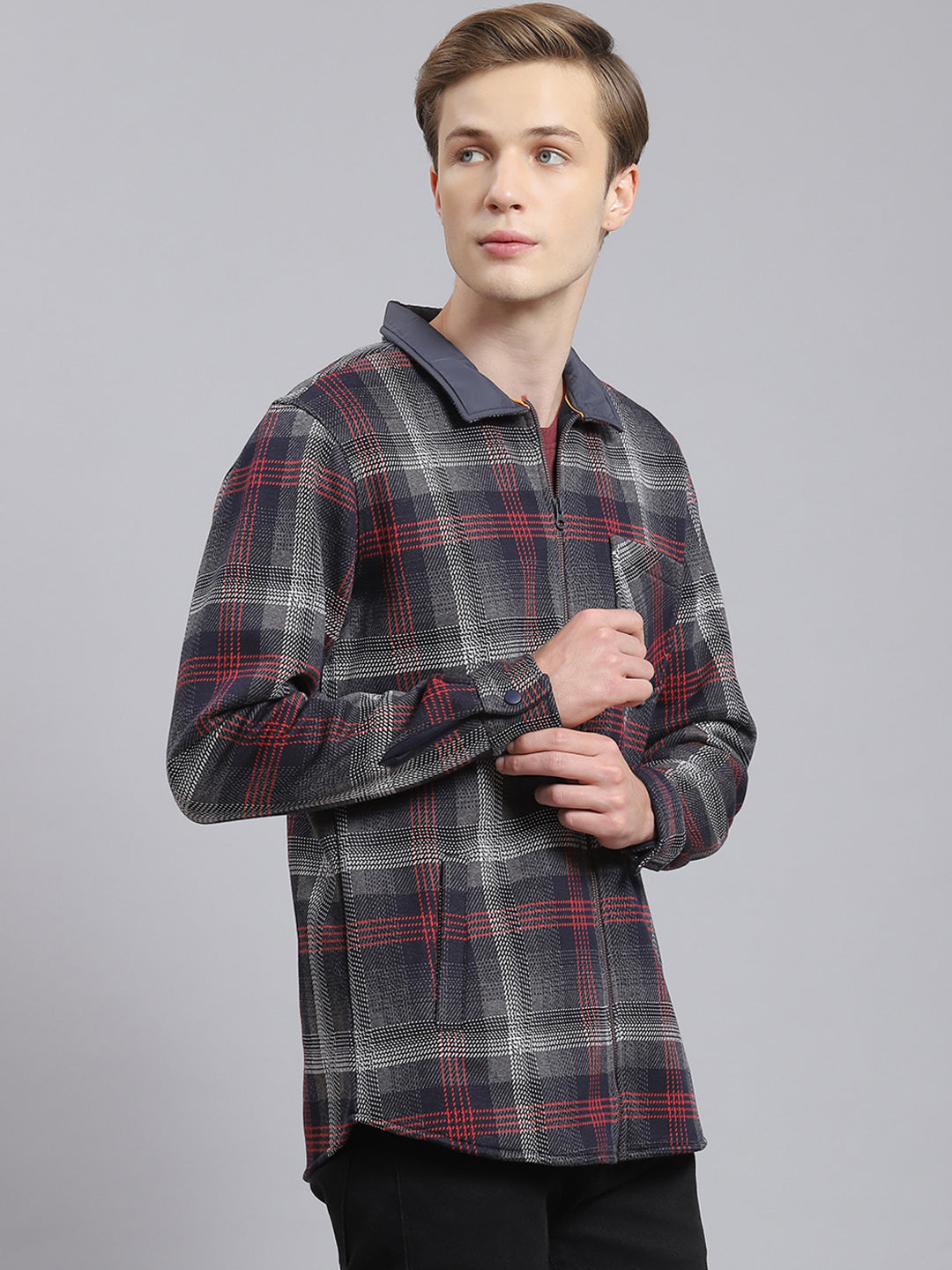 Men Navy Blue Check Collar Full Sleeve Sweatshirt