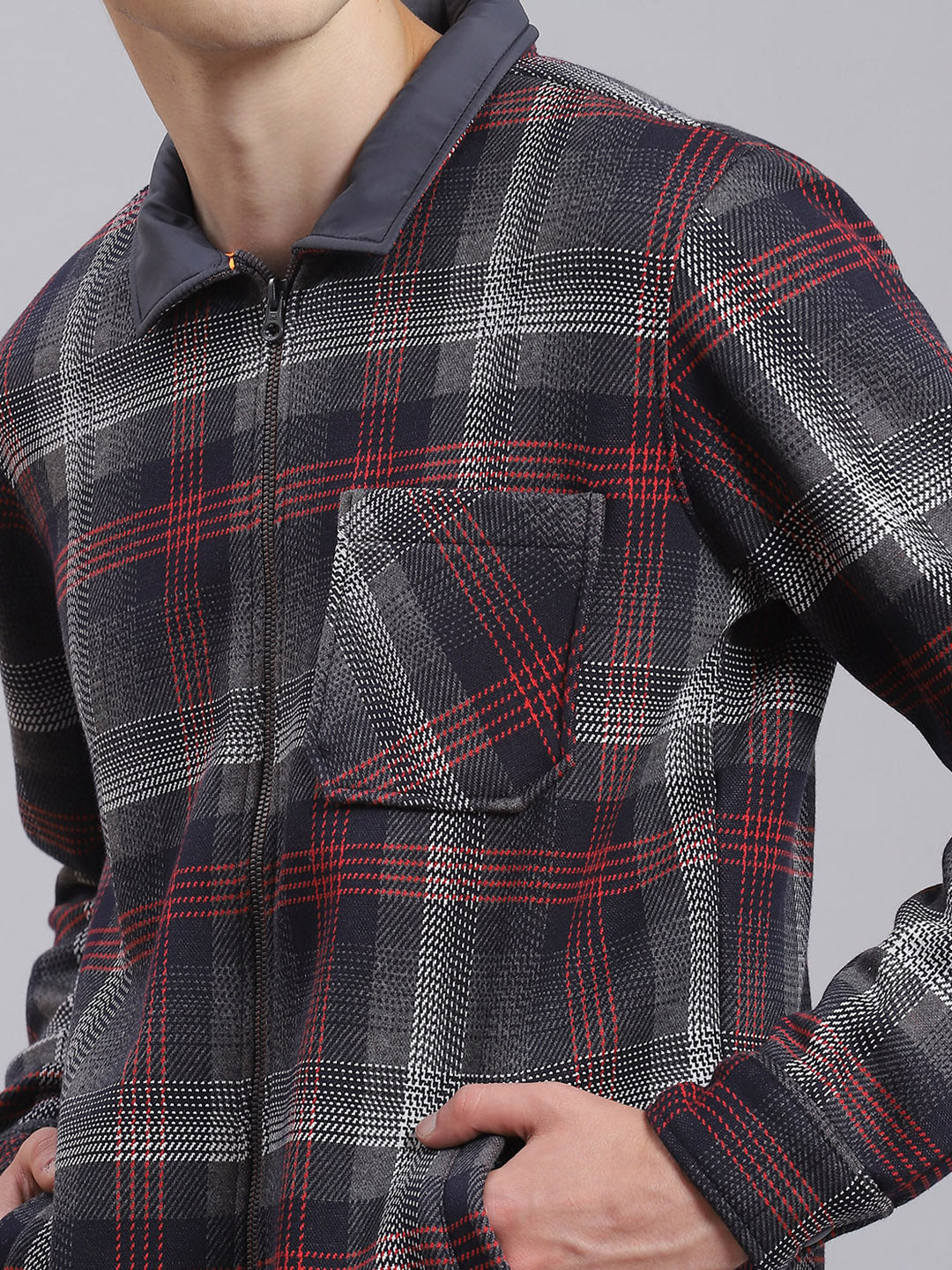 Men Navy Blue Check Collar Full Sleeve Sweatshirt