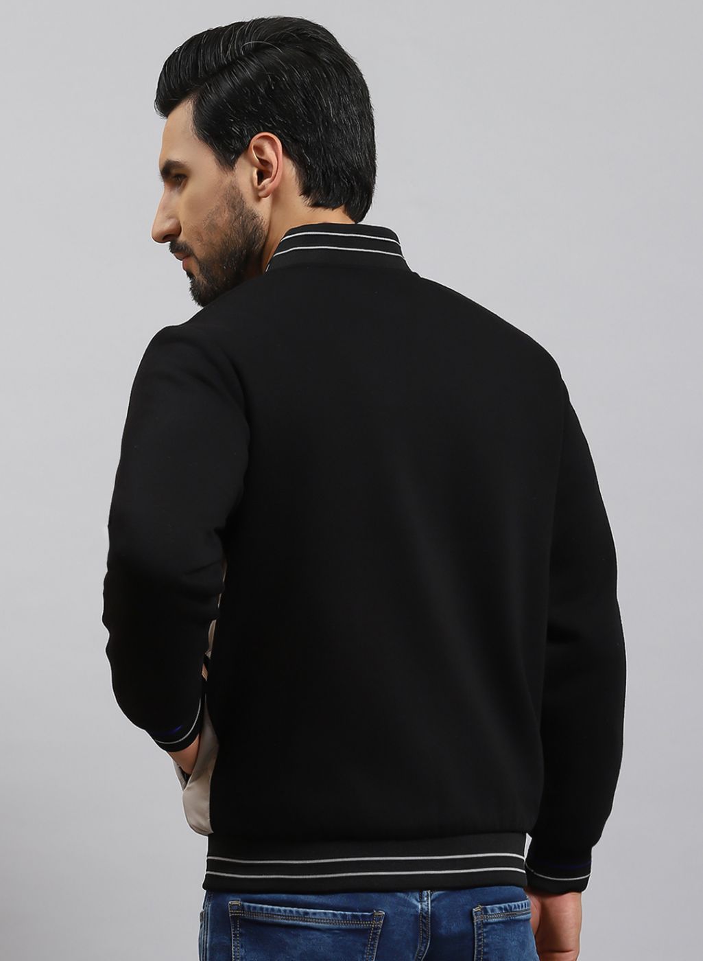 Men Black Solid Cotton Blend Jacket