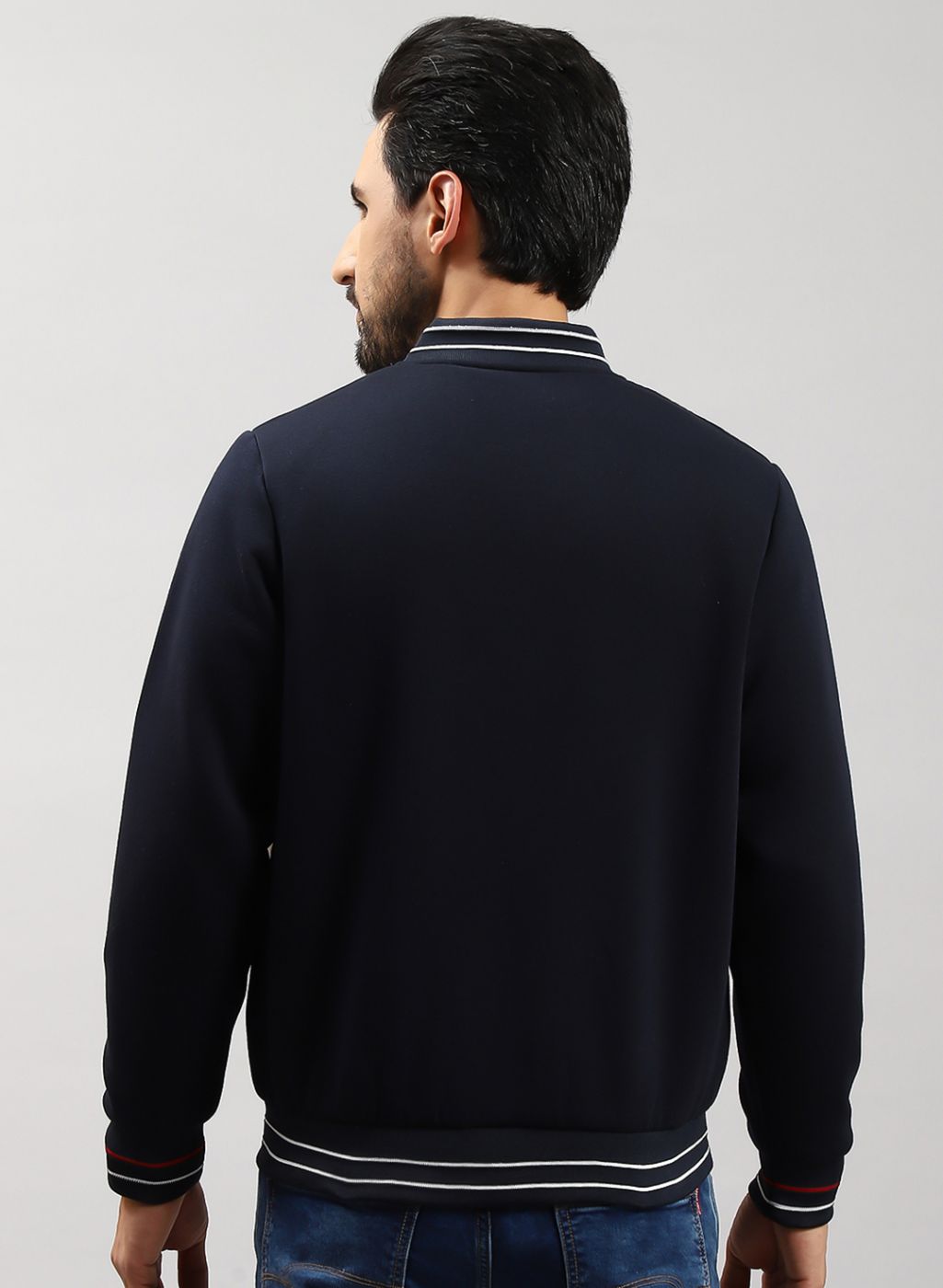 Men NAvy Blue Solid Cotton Blend Jacket