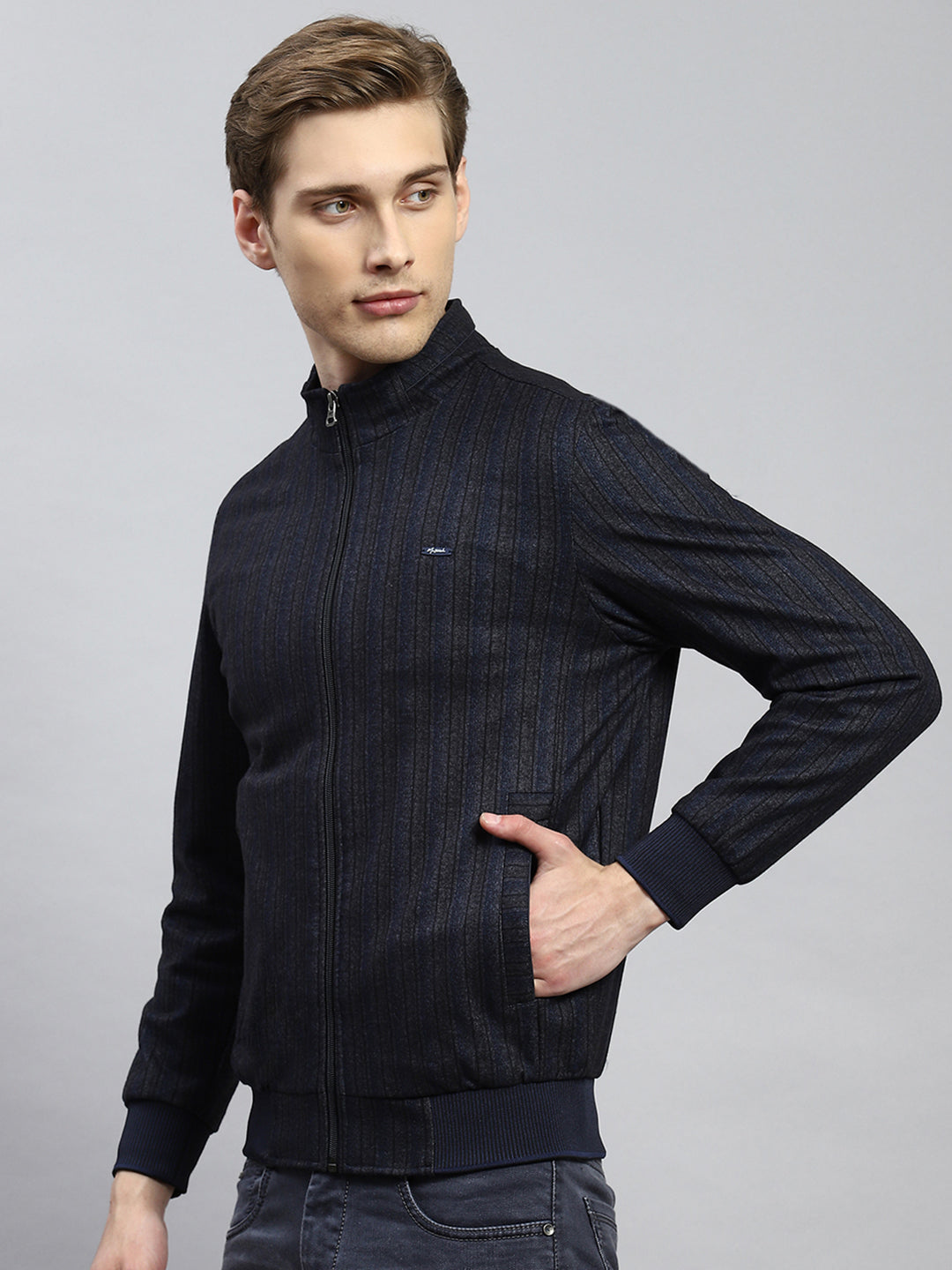 Men Navy Blue Plain Jacket