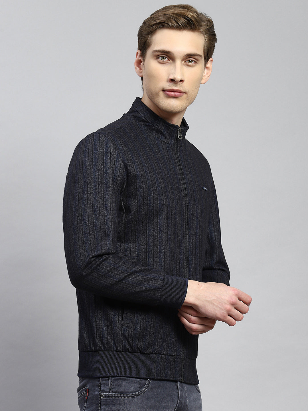 Men Navy Blue Plain Jacket