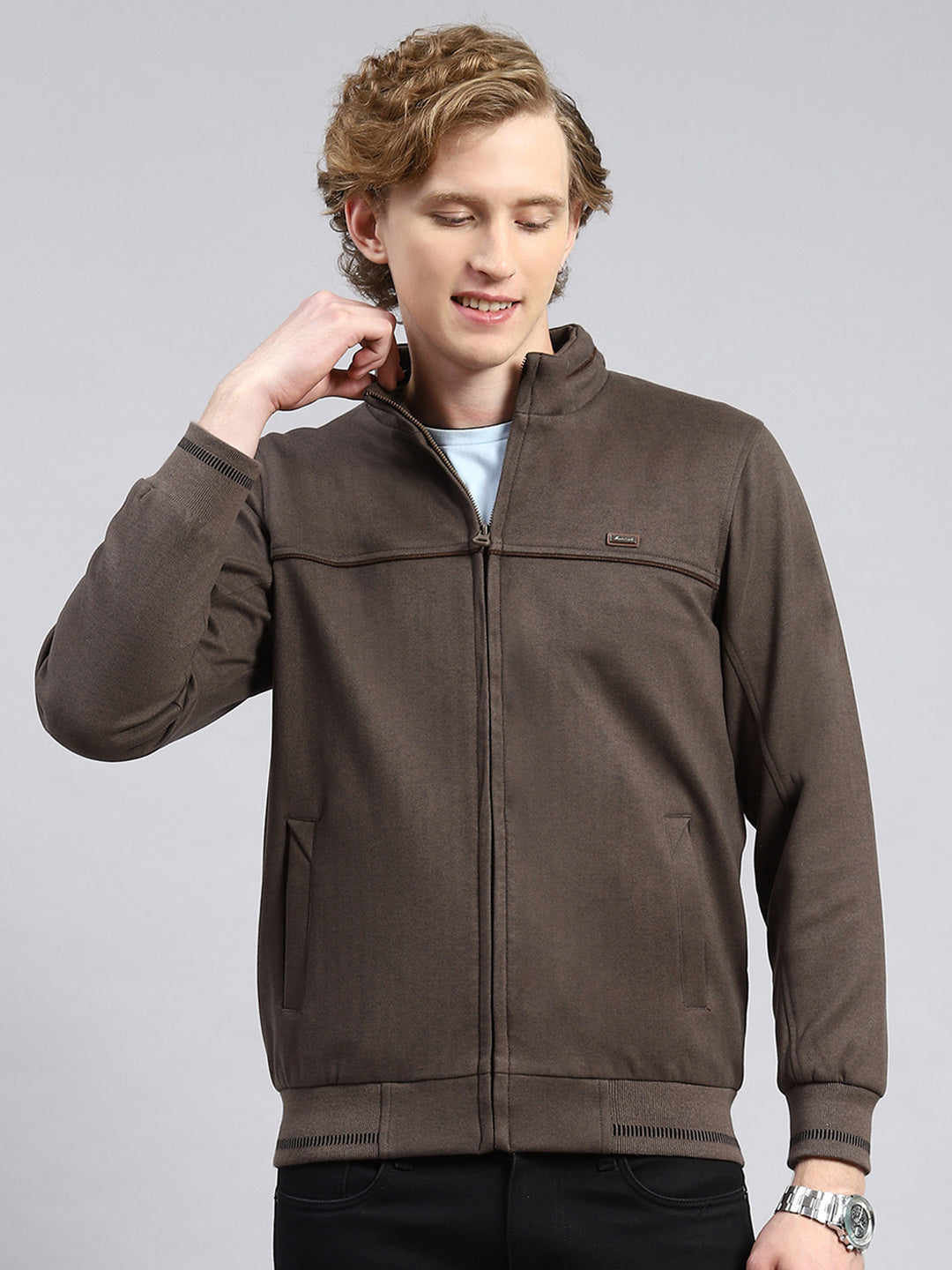 Men Brown Plain Jacket - Main Image